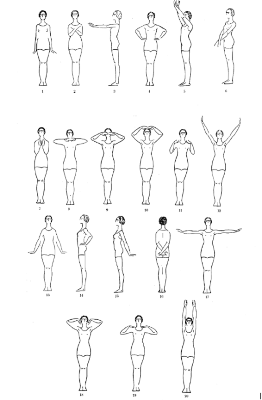 Ilustracja przedstawia dwadzieścia gestów Dalcroze’a, system edukacji muzycznej dzieci polegający na wyrażaniu muzyki ruchem.