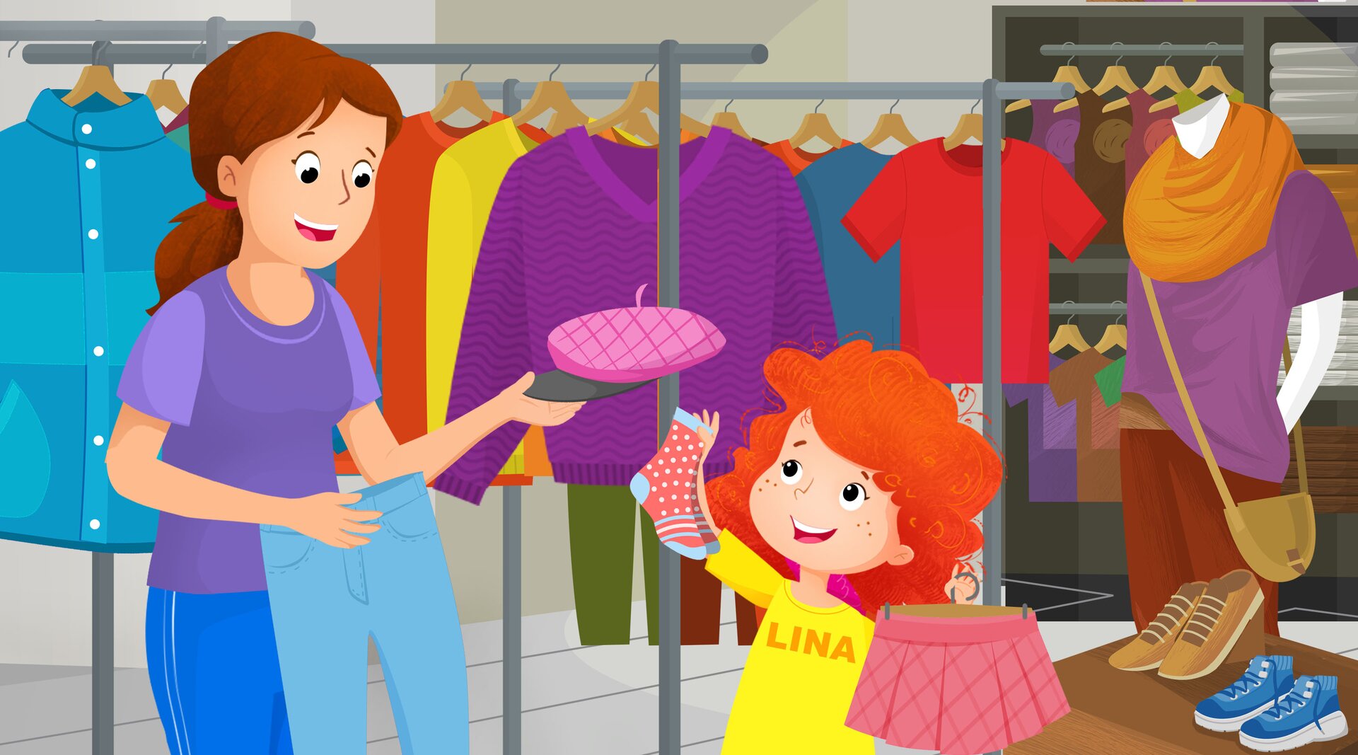 Ilustracja przedstawia Linę i jej mamę w sklepie z ubraniami. Mama trzyma spodnie i czapkę, Lina skarpetki i spódniczkę 