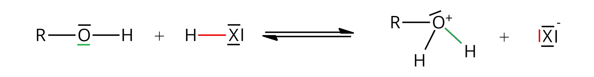 Ilustracja przedstawia następujące równanie: cząsteczka ROH, w której atom tlenu posiada dwie wolne pary elektronowe, reaguje z cząsteczką HX, w której X posiada trzy wolne pary elektronowe. Po prawej stronie znajdują się dwie poziome strzałki, górna skierowana w prawo, dolna w lewo. Dalej cząsteczka ROH2, w której atom tlenu ma jedną wolną parę elektronową i posiada ładunek dodatni po prawej stronie plus X-, który posiada cztery wolne pary elektronowe.