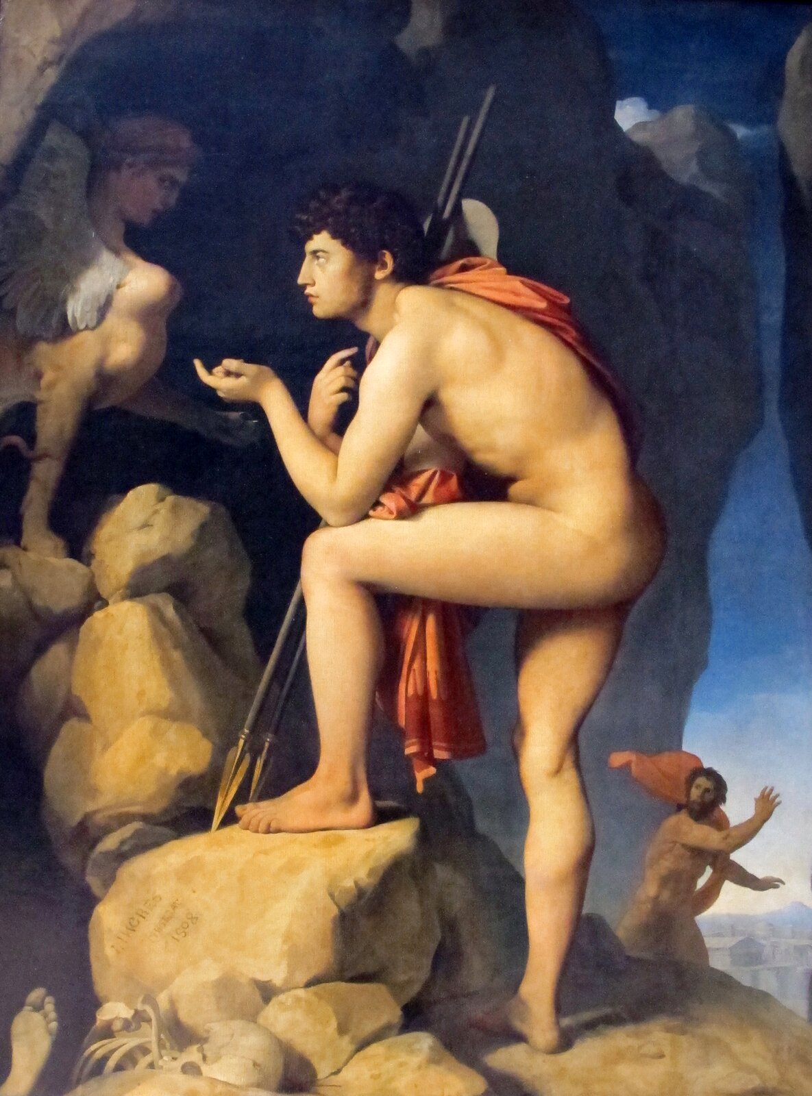 Obraz przedstawia Edypa, który rozmawia ze Sfinksem ukrytym w jaskini. Edyp przedstawiony jest jako ciemnowłosy nagi młodzieniec z czerwoną szatą przerzucona przez ramię, ma też ze sobą dwie włócznie. Stoi on profilem do widza. Lewą nogę opiera o stojący między nim a sfinksem kamień. Lewy łokieć oparł o kolano. Sfinks znajduje się z lewej strony obrazu. Stoi profilem do odbiorcy i wpatruje się wprost w Edypa. Sfinks ma głowę kobiety, ciało lwa i skrzydła na grzbiecie. W głębi widać mężczyznę ubranego podobnie do Edypa, wymachuje rękami.