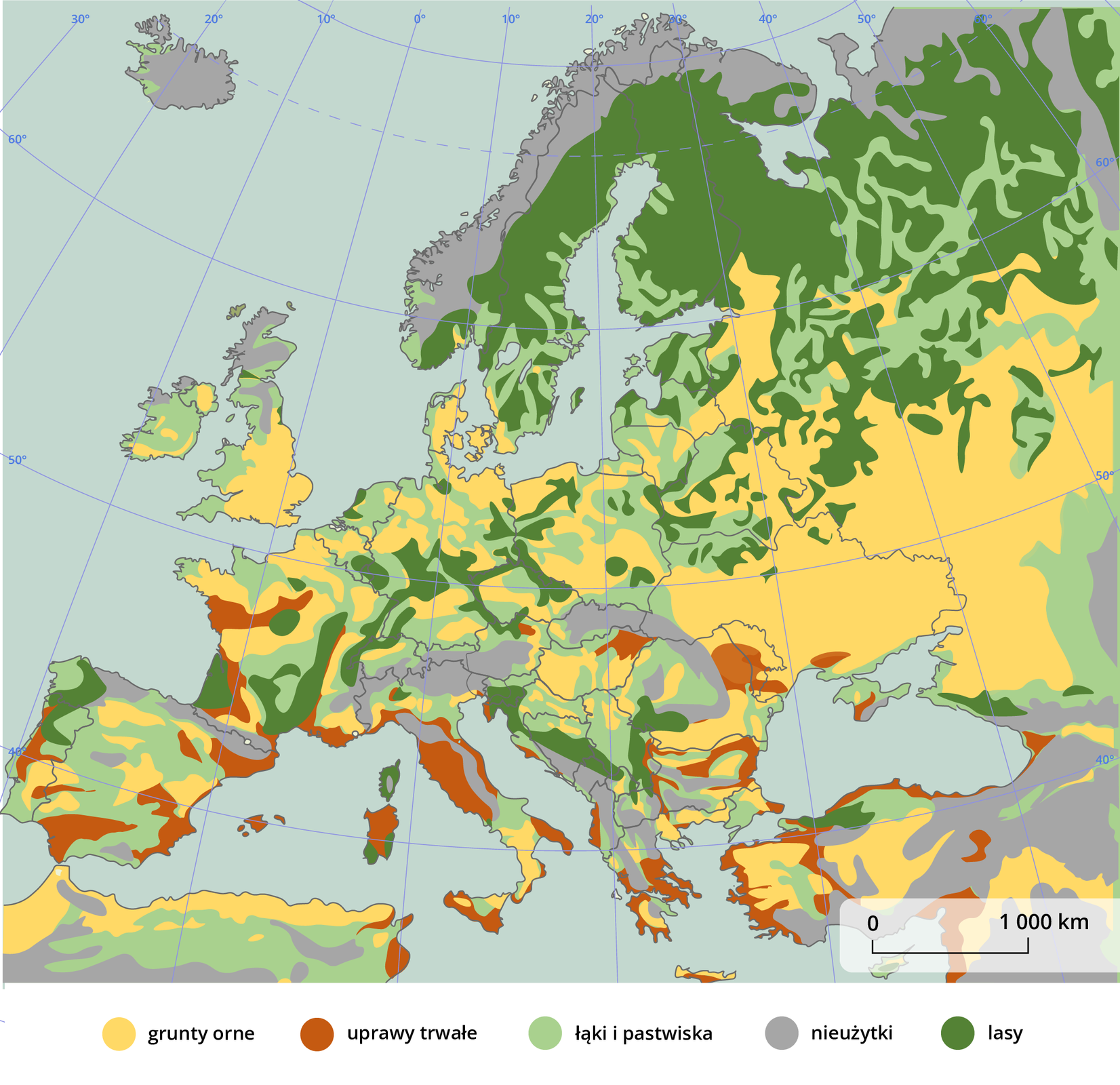 Mapa Europy przedstawiająca kolorami występowanie gruntów ornych, upraw trwałych, łąk i pastwisk, lasów i nieużytków. Nieużytki występują głównie na terenach górskich (Alpy, Karpaty, Pireneje, Apeniny, Góry Skandynawskie i inne) lub na terenach, które nie posiadają odpowiednich gleb do uprawiania rolnictwa (Islandia). Lasy dominują w północnej części kontynentu, na terenie Półwyspu Skandynawskiego (z wyłączeniem gór) oraz na terenach położonych na południowy wschód od niego. Tereny przeznaczone na grunty orne dominują we wschodniej i w południowo wschodniej części Europy, na zachodzie od Francji do Niemiec mniej więcej wyrównane proporcje łąk i pastwisk oraz gruntów ornych, nieco mniej lasów. Uprawy trwałe przeważają w południowej części, w rejonie wybrzeża Morza Śródziemnego.