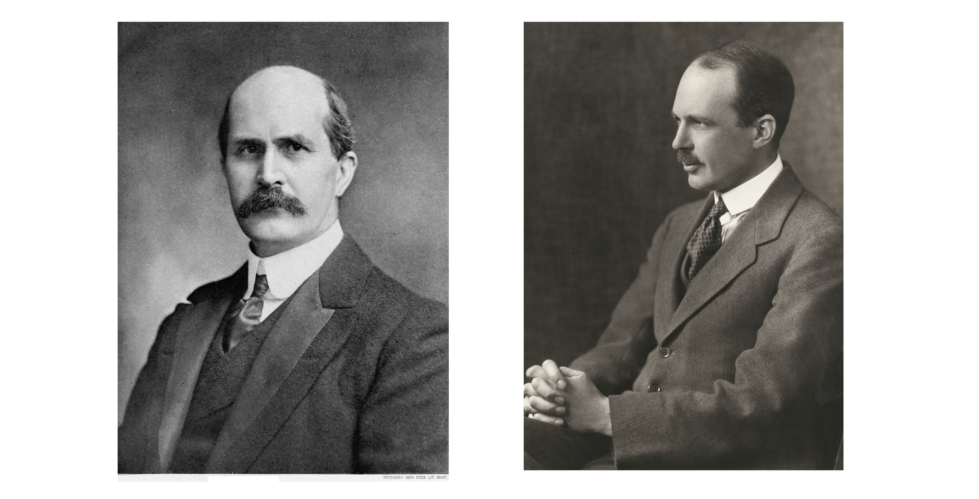 Rys. 7. Na dwóch zdjęciach przedstawiono portrety mężczyzn. Williama Henry'ego Bragga, z lewej i Williama Lawrence'a Bragga, z prawej. To fizycy angielscy, ojciec i syn, uhonorowani nagrodą Nobla w tysiąc dziewięćset piętnastym roku. Postać na zdjęciu po lewej stronie spogląda wprost w obiektyw. Mężczyzna jest łysiejący, z wąsami. Siedzi, ubrany w jasną koszulę, krawat i ciemny garnitur. Na zdjęciu po prawej stronie mężczyzna siedzi bokiem, spogląda przed siebie. Zdjęcie przedstawia jego profil. Siedzi trzymając splecione dłonie na kolanie. 