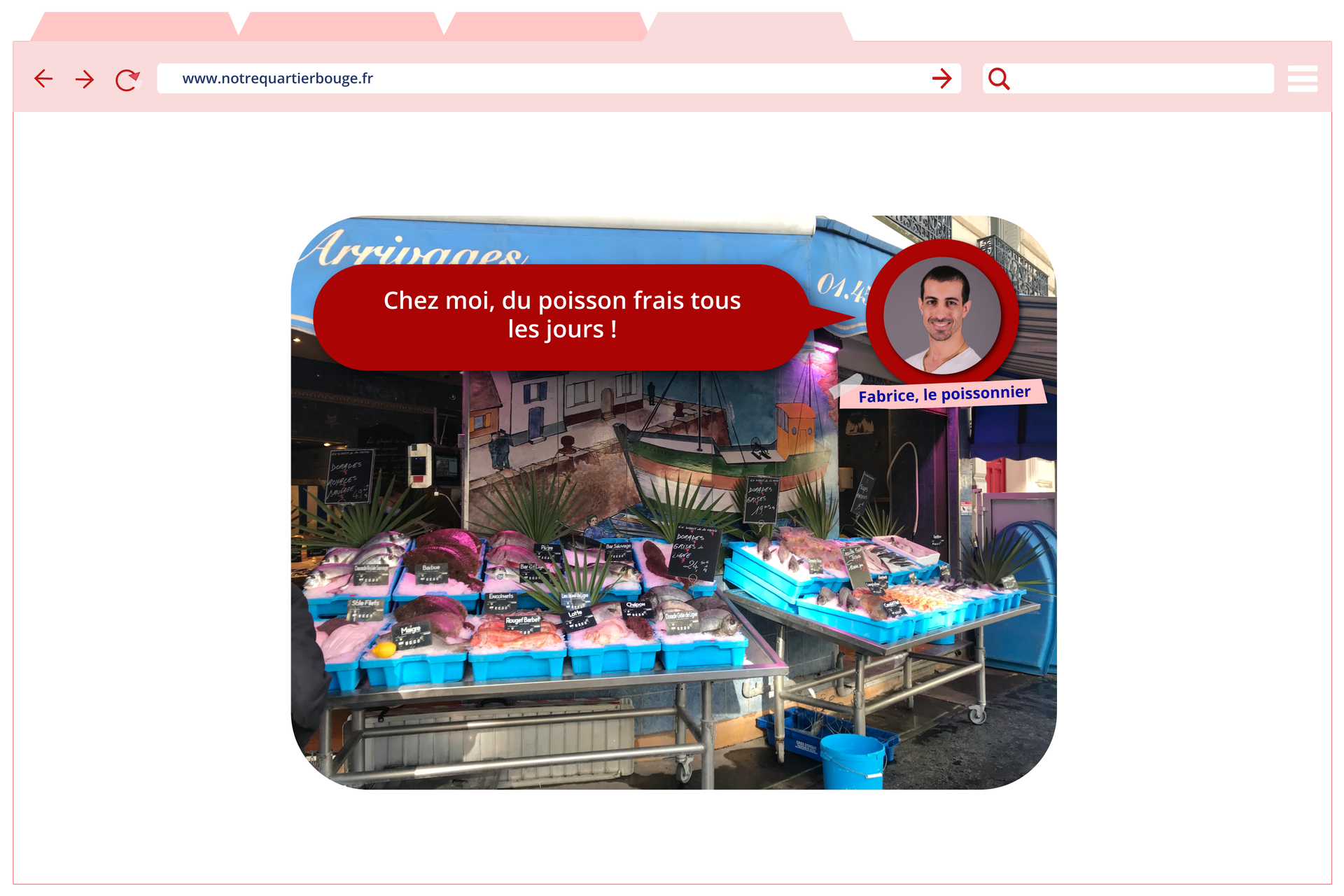 Ilustracja przedstawiona jako strona internetowa o adresie www.notrequartierbouge.fr przedstawia zdjęcie sklepu rybnego. W górnej części zdjęcie mężczyzny z podpisem: Abubakar,  le poissonnier. Obok dymek z tekstem: Chez moi,  du poisson frais tous les jours !
