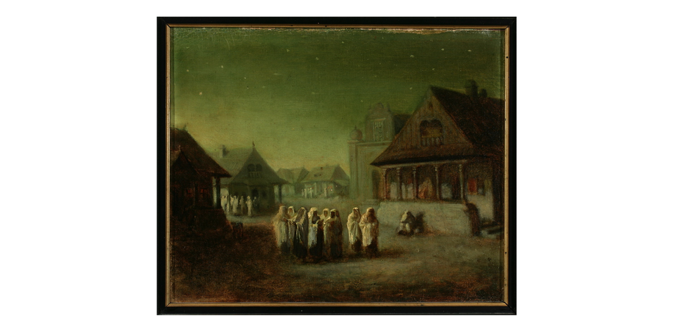 Obraz przedstawia pejzaż niewielkiego miasteczka. Pośrodku, na pierwszym planie stoi grupa ośmiu osób. Postaci mają głowy okryte białymi tkaninami. Wokół nich stoją domy mieszkalne o dwuspadzistych dachach. W głębi stoi synagoga. Niebo jest rozgwieżdżone.
