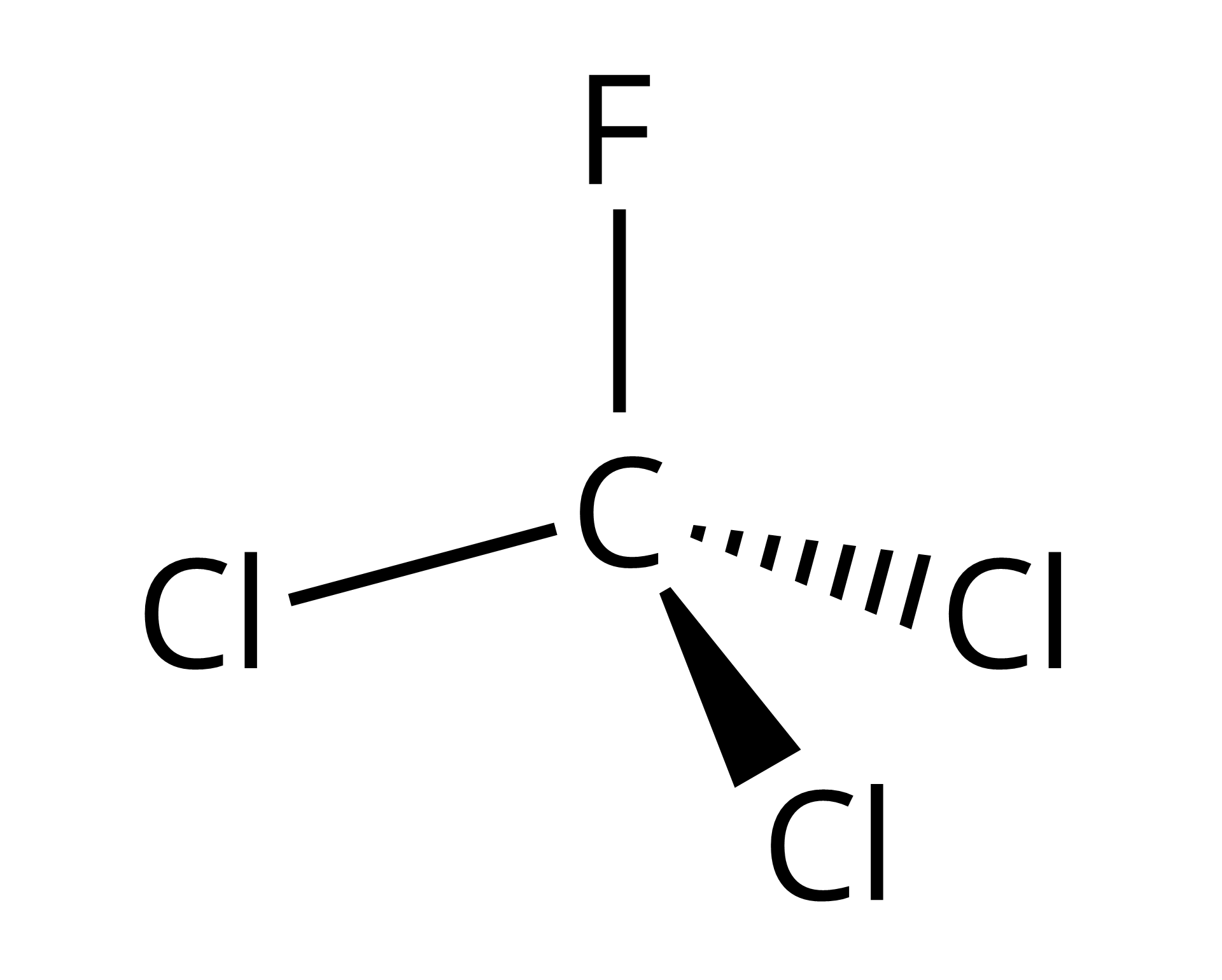 Ilustracja przedstawia wzór strukturalny trichlorofluorometanu. Do atomu węgla przyłączone są trzy atomy chloru i jeden atom fluoru.