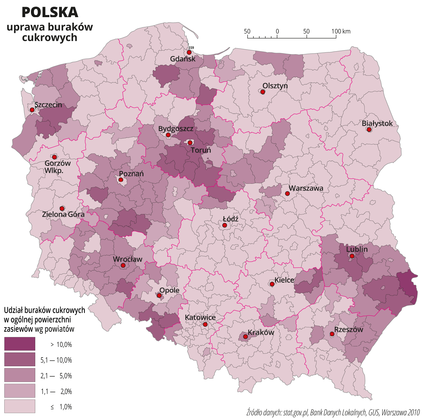 Mapa obrazuje uprawę buraków cukrowych w Polsce. Obszarami dominującymi w tej kwestii są: okolice Szczecina, Gdańska, Bydgoszczy, Wrocławia, Opola, Kielc i Lublina. Udział buraków cukrowych w ogólnej powierzchni zasiewów wynosi tam ponad 10%.