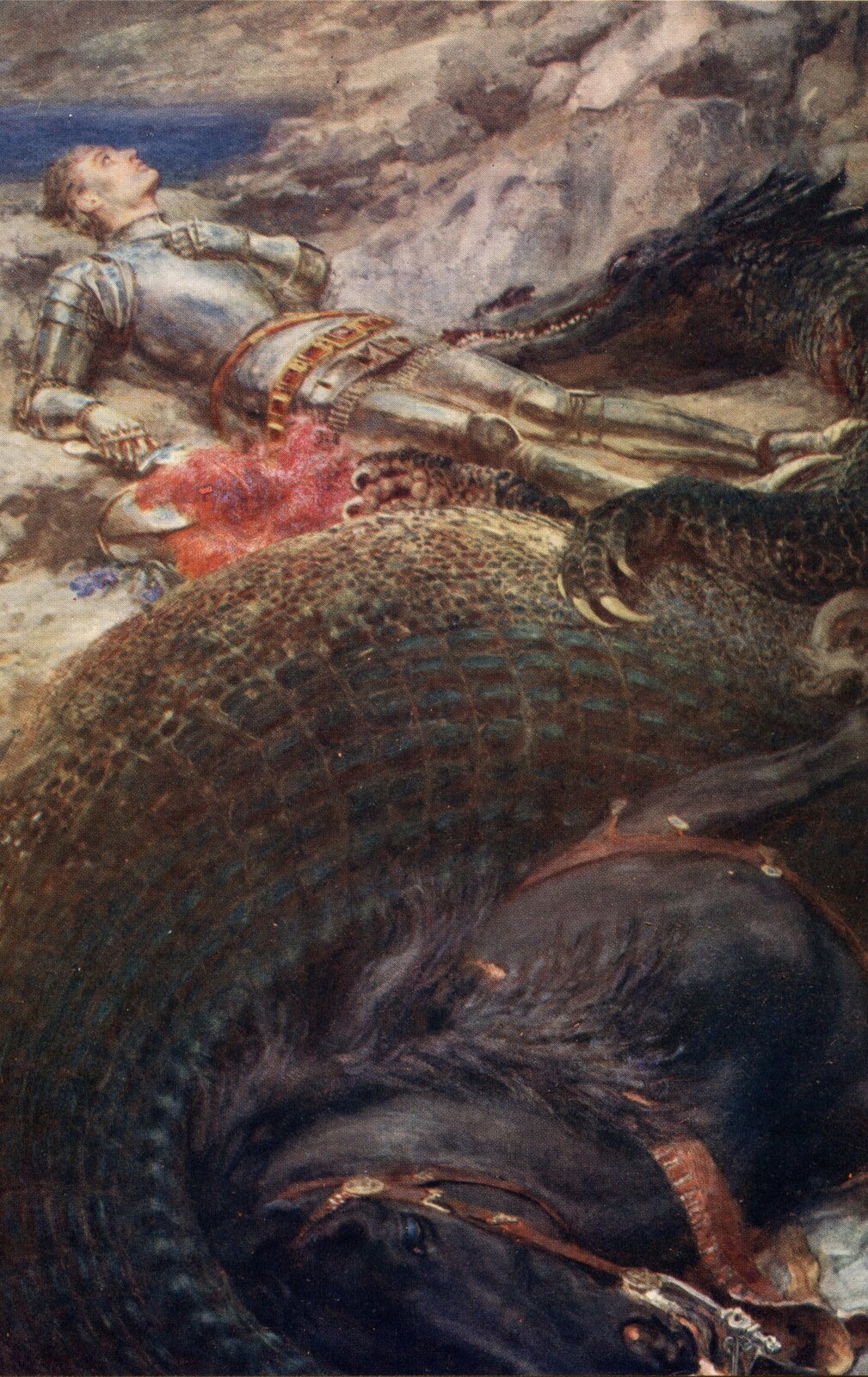Kliknij, aby powiększyć. Na obrazie przedstawiona jest scena po walce. Na pierwszym planie zwinięte w kłębek olbrzymie cielsko zielono‑brązowego smoka leżącego na martwym koniu brzuchem do góry. W głębi, przy pysku bestii widać świętego Jerzego w srebrnej zbroi. Leży na wznak w kałuży krwi. Dłoń trzyma na sercu i patrzy w niebo. W tle widać skały i niebo.