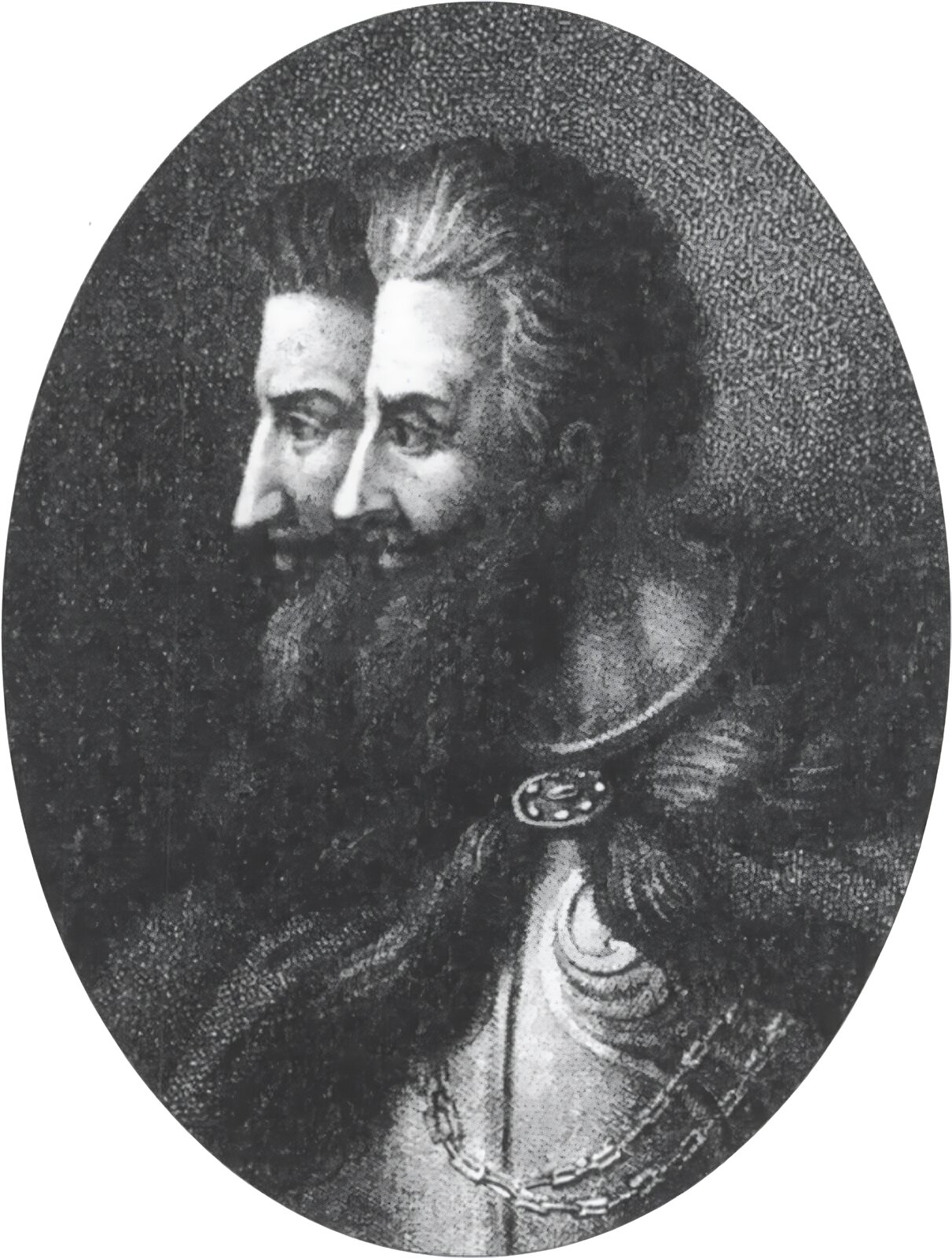Ilustracja przedstawia portret zwróconych w lewą stronę starszych mężczyzn, o kędzierzawych, gęstych włosach, z długimi brodami. Mężczyźni ubrani są w zbroje i płaszcze podbite futrem, spięte na piersiach. 