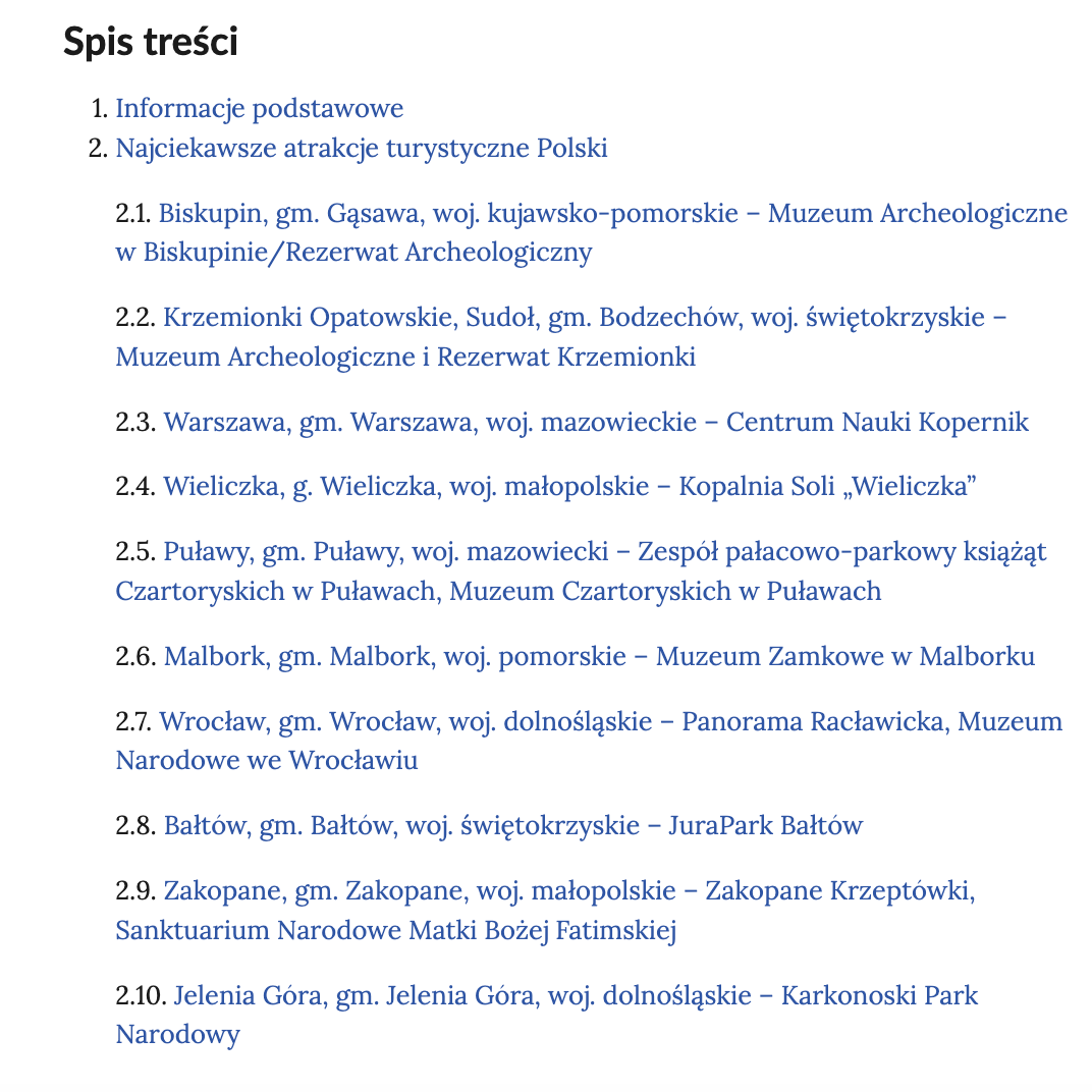 Grafika przedstawia widok spisu treści atlasu interaktywnego Wybrane atrakcje turystyczne Polski. U góry widoczny jest napis spis treści, a poniżej numeryczna lista z tytułami rozdziałów.