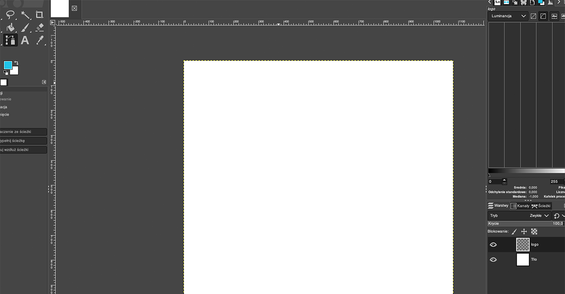Ilustracja przedstawia okno programu. W obszarze roboczym jest pionowy biały prostokąt. W panelu warstw zaznaczono warstwę o nazwie: logo. 