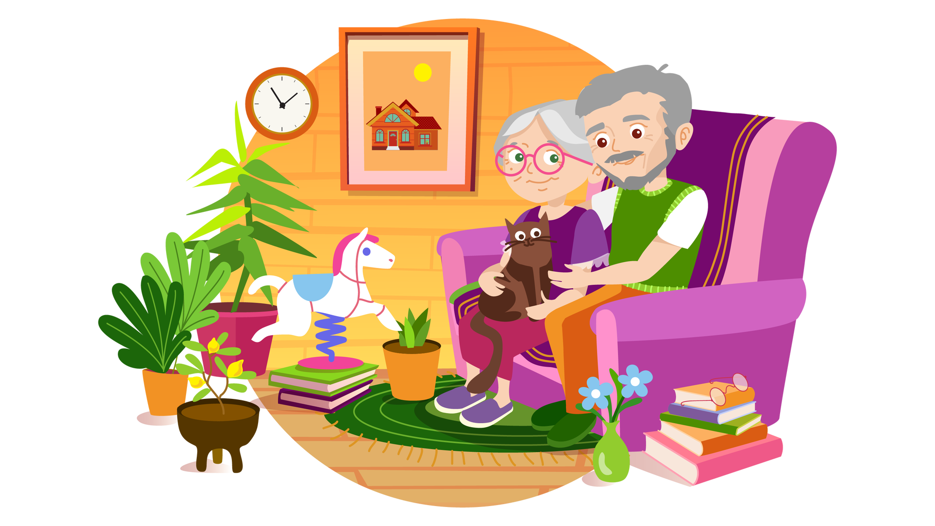 Ilustracja przedstawia pomieszczenie w domu babci i dziadka Mai i Franka. W tle znajduje się pomarańczowa ściana. Wisi na niej okrągły zegar i obrazek w brązowej ramie przedstawiający dom jednorodzinny, nad którym świeci słońce. Po lewej stronie ilustracji stoją trzy różnej wielkości kwiaty w kolorowych doniczkach. Obok leżą na podłodze dwie książki ułożone jedna na drugiej, a na nich znajduje się zabawkowy konik na sprężynie. Po prawej stronie ilustracji leży stos pięciu książek, a na nich leżą okulary w cienkiej czerwonej oprawie. Obok stoi zielony wazonik z niebieskimi kwiatami. W centralnej części ilustracji leży na podłodze okrągły zielony dywan z frędzlami, a na nim stoją kwiat w pomarańczowej donicy oraz fioletowa kanapa, na której siedzą blisko siebie babcia i dziadek. Babcia ma siwe włosy upięte w kok, różowe okulary, jest ubrana w fioletową bluzkę z krótkimi rękawami zakończonymi ozdobną białą falbanką, długą różową spódnicę i fioletowe buty z białymi podeszwami. Dziadek ma krótkie siwe włosy, wąsy i krótką brodę. Jest ubrany w białą koszulkę z krótkimi rękawami, zielony bezrękawnik, długie fioletowe spodnie i zielone buty. Babcia trzyma na kolanach brązowego kota, na którego spogląda zadowolony dziadek. Kobieta uśmiecha się i patrzy na dziadka.