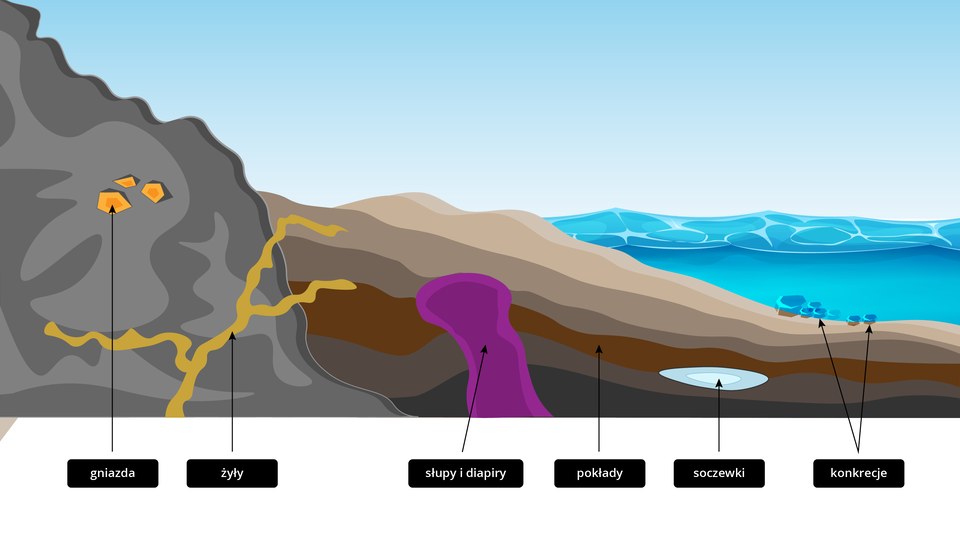 Ilustracja przedstawia formy złóż. Po lewej stronie ilustracji jest skaliste zbocze, następnie u podnóża zbocza jest kilka warstw gleby. Warstwy obniżają się, nad nimi jest woda. W zboczu góry wyróżniono gniazda - mają postać kawałków złoża, a poniżej nich żyły - mają postać cienkich żyłek biegnących w różnych kierunkach. W warstwach gleby, pod powierzchnia, zaznaczono słupy i diapiry - mają postać pionowego słupa. Jedną z warstw opisano jako pokłady - znajduje się pod kilkoma warstwami gleby. W warstwie gleby pod wodą znajdują się tak zwane soczewki - to owalne złoże. Na dnie zbiornika wodnego zaznaczono konkrecje przybierające kuliste kształty.  
