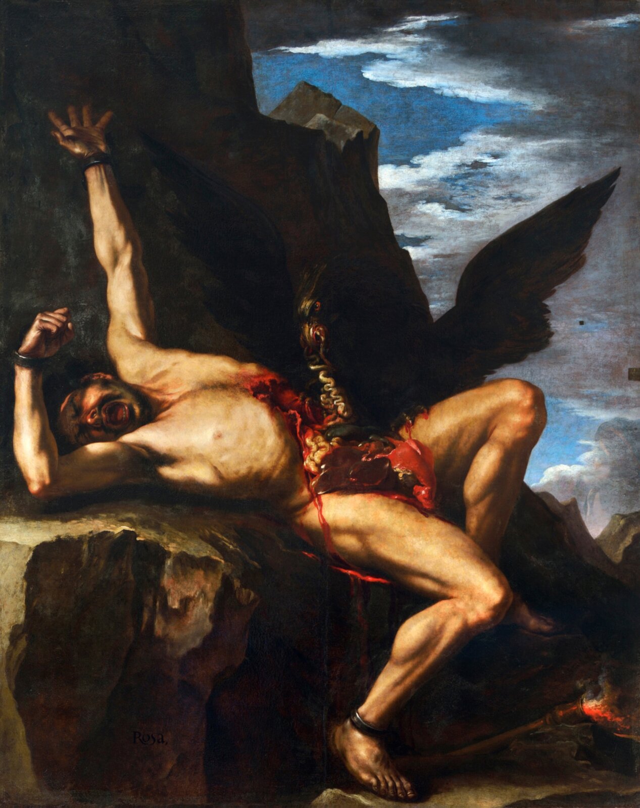Obraz autorstwa Salvatora Rosy pod tytułem „Tortura Prometeusza”, na którym znajduje się przykuty do skał Prometeusz rozszarpywany przez czarnego orła, który wydziobuje jego wnętrzności. Twarz Tytana pokazuje ból i rozpacz. 