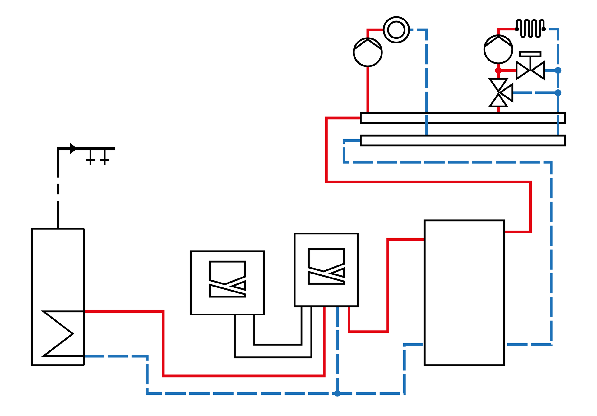 Grafika przedstawia schemat instalacji z pompą ciepła powietrze‑woda, jednym obiegiem grzewczym bez mieszacza, jednym obiegiem grzewczym z mieszaczem, podgrzewem ciepłej wody użytkowej. Opis schematu znajduje się w poniższym tekście.