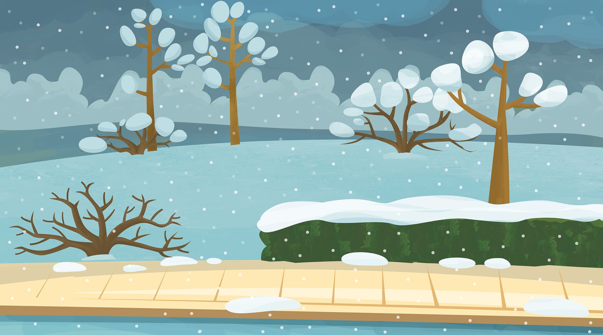 Ilustracja przedstawia zimowy park. Drzewa i krzewy  pokryte są białym śniegiem. 