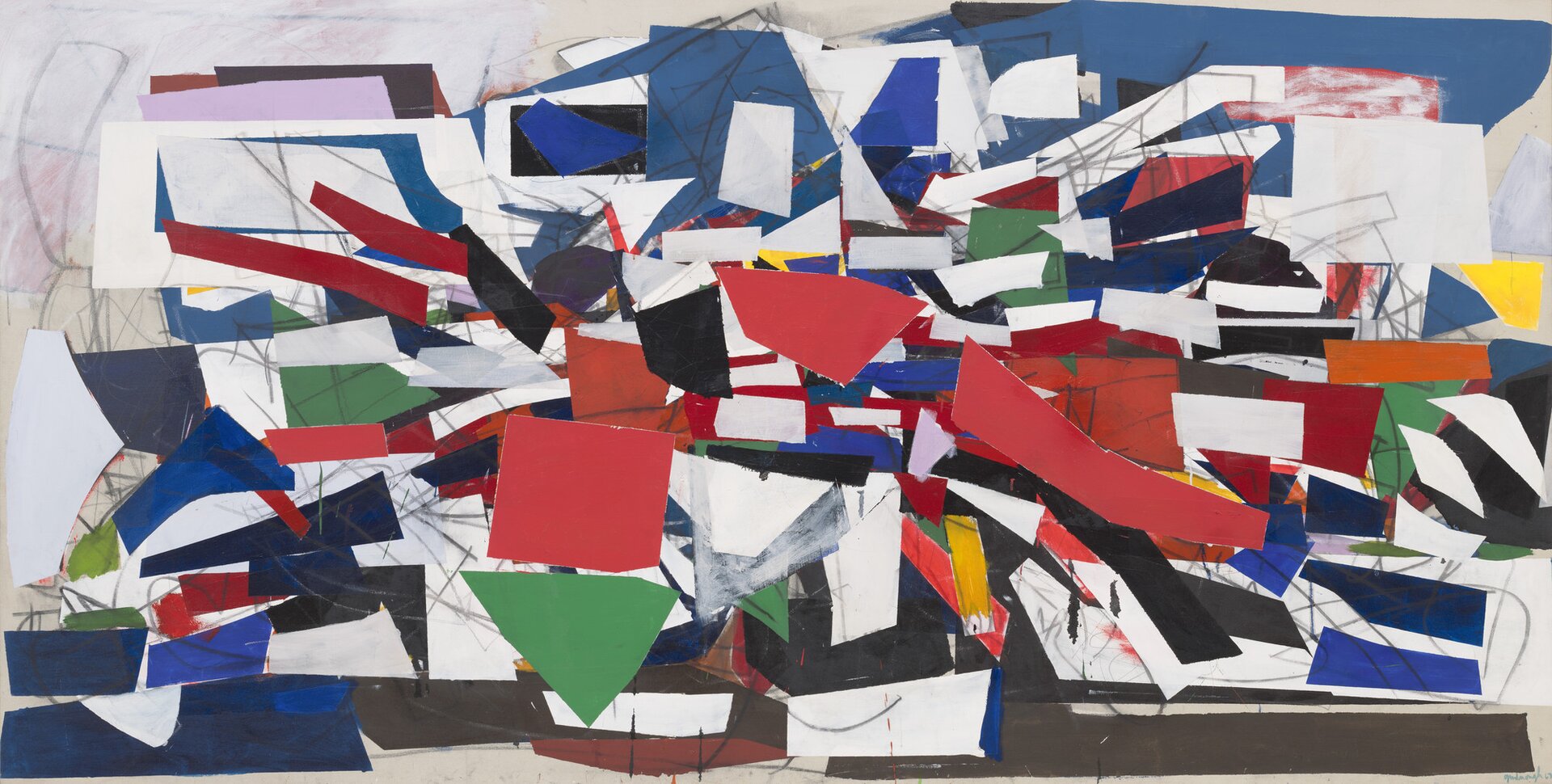 Walka Ilustracja przedstawia dzieło Roberta Goodnougha pod tytułem „Walka”. Na obrazie znajdują się różnokolorowe plamy barwne, geometryczne, z ostrymi kątami. Obraz opiera się na kontrastujących ze sobą barwach - żywych odcieniach czerwonego, niebieskiego, białego i czarnego. Widoczny jest także kolor żółty i pomarańczowy. Kształty przypominają geometryczne wzory.