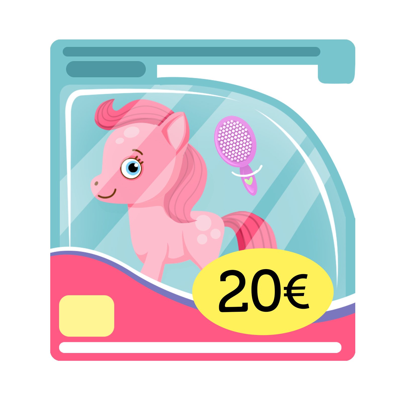 Ilustracja przedstawia zapakowany zestaw z kucykiem i szczotką. Cena zestawu to 20 euro.