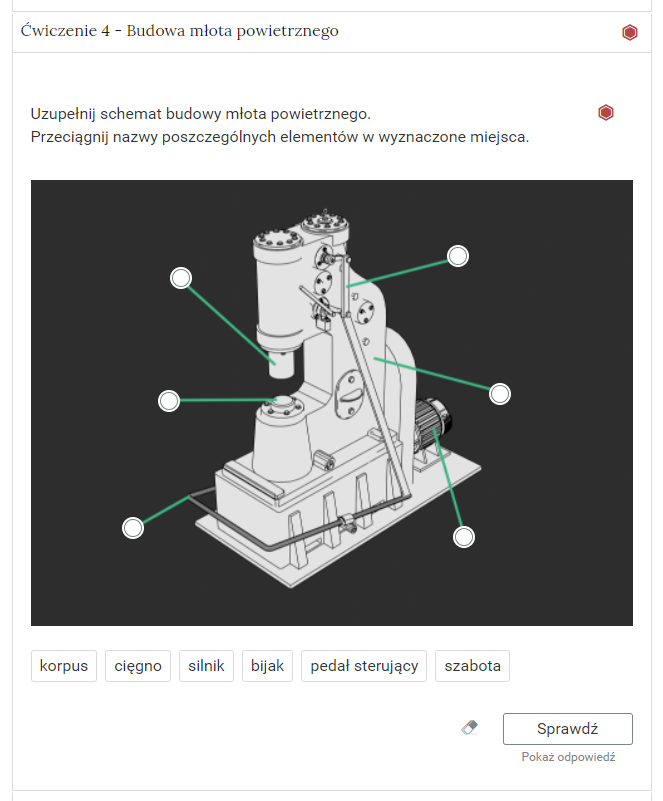 Zdjęcie przedstawia otwartą zakładkę z przykładowym zadaniem. Pod nazwą zakładki znajduje się polecenie. Pod poleceniem jest zdjęcia, a pod nim umieszczone są odpowiedzi do wyboru. Po prawej stronie polecenia widać czerwony sześciokąt. Poniżej zadania, po prawej stronie panelu znajduje się ikona sprawdź. Po jej lewej stronie widać symbol gumki. Poniżej przycisku sprawdź znajduje się napis pokaż odpowiedź.