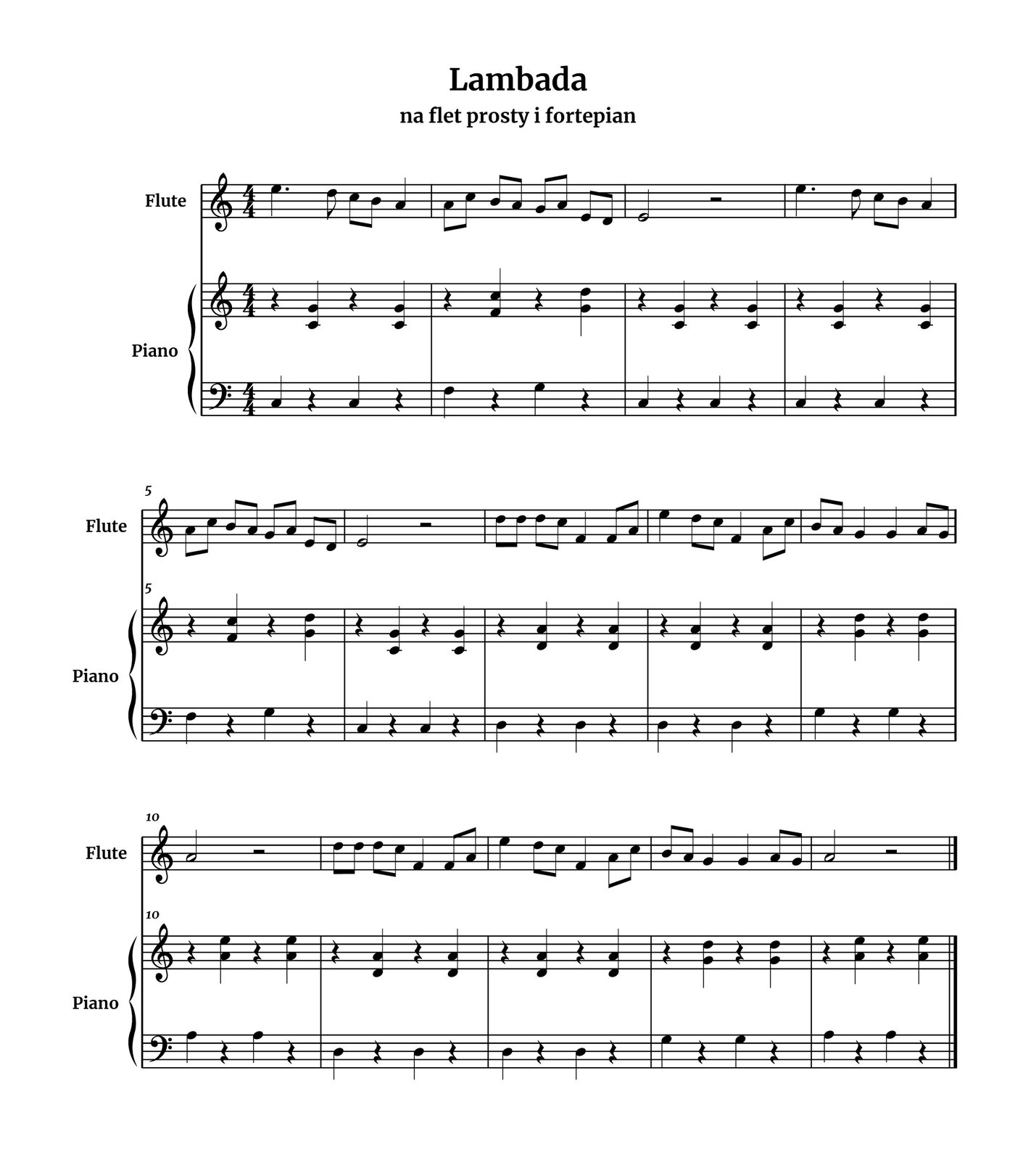 Grafika przedstawia partyturę utworu „Lambada”. Utwór jest napisany w metrum cztery czwarte, w tonacji C‑dur i ma długość czternastu taktów. W partyturze znajdują się dwie partie: fletu prostego oraz fortepianu. Flet prosty został zapisany w kluczu wiolinowym, a fortepian w kluczu wiolinowym oraz basowym.W partii fletu w pierwszej linijce w pierwszym takcie na pierwszą miarę zapisano ćwierćnutę z kropką e, a dalej ósemkę d. Na trzecią miarę grane są ósemki c oraz h, a na miarę czwartą ćwierćnuta a. W drugim takcie na pierwszą miarę zapisano ósemki a oraz c, na miarę drugą ósemki h oraz a, na trzecią miarę ósemki g oraz a, a na miarę czwartą ósemki e oraz d. W trzecim takcie na pierwsze dwie miary zapisano półnutę e, a na miary trzecią oraz czwartą pauzę półnutową. W czwartym takcie na pierwszą miarę zapisano ćwierćnutę z kropką e, następnie ósemkę d, na miarę trzecią ósemki c oraz h, a na czwartą miarę ćwierćnutę a.W partii fortepianu w pierwszej linijce w kluczu wiolinowym w pierwszym takcie na pierwszą miarę zapisano pauzę ćwierćnutową, na miarę drugą ćwierćnutę‑dwudźwięk, złożoną z nut c oraz g, na miarę trzecią ponownie pauzę ćwierćnutową, a na czwartą miarę jeszcze raz ćwierćnutę‑dwudźwięk złożoną z nut c oraz g. W kluczu basowym w pierwszym takcie na pierwszą oraz trzecią miarę zapisano po ćwierćnucie c, a na miary drugą oraz czwartą po pauzie ćwierćnutowej. W drugim takcie w kluczu wiolinowym na pierwszą miarę zapisano pauzę ćwierćnutową, na drugą miarę ćwierćnutę‑dwudźwięk, złożoną z nut f oraz c, na trzecią miarę ponownie pauzę ćwierćnutową, a na miarę czwartą ćwierćnutę‑dwudźwięk, złożoną z dźwięków g oraz d. W kluczu basowym na pierwszą miarę zapisano ćwierćnutę f, na miarę drugą pauzę ćwierćnutową, na trzecią miarę ćwierćnutę g, a na miarę czwartą pauzę ćwierćnutową. W trzecim takcie w kluczu wiolinowym na pierwszą oraz trzecią miarę zapisano pauzy ćwierćnutowe, a na miary drugą oraz czwartą po ćwierćnucie‑dwudźwięku, złożonym z nut c oraz g. W kluczu basowym na pierwszą oraz trzecią miarę zapisano po ćwierćnucie c, a na miary drugą oraz czwartą po pauzie ćwierćnutowej. W takcie czwartym w kluczu wiolinowym na pierwszą oraz trzecią miarę zapisano pauzy ćwierćnutowe. Na miarę drugą oraz czwartą grane są ćwierćnuty‑dwudźwięki, złożone z nut c oraz g. W kluczu basowym na pierwszą oraz trzecią miarę zapisano po ćwierćnucie c, a na miary drugą oraz czwartą po pauzie ćwierćnutowej.W drugiej linijce w partii fletu w piątym takcie na pierwszą miarę grane są ósemki a oraz c, na miarę drugą ósemki h oraz a, na trzecią miarę ósemki g oraz a, a na miarę czwartą ósemki e oraz d. W szóstym takcie na pierwsze dwie miary grana jest półnuta e, a na miary trzecią oraz czwartą zapisano pauzę półnutową. W siódmym takcie na pierwszą miarę grana jest dwa razy ósemka d, na miarę drugą zapisano ósemki d oraz c, na trzecią miarę wykonywana jest ćwierćnuta f, a na miarę czwartą ósemki f oraz a. W takcie ósmym na pierwszą miarę grana jest ćwierćnuta e, na miarę drugą ósemki d oraz c, na trzecią miarę zapisano ćwierćnutę f, a na miarę czwartą ósemki a oraz c. W dziewiątym takcie na pierwszą miarę zapisano ósemki h oraz a, na drugą oraz trzecią miarę po ćwierćnucie g, a na miarę czwartą ósemki a oraz g.W drugiej linijce w partii fortepianu w piątym takcie w kluczu wiolinowym na pierwszą miarę zapisano pauzę ćwierćnutową, na drugą miarę ćwierćnutę‑dwudźwięk, złożoną z nut f oraz c, na trzecią miarę ponownie pauzę ćwierćnutową, a na miarę czwartą ćwierćnutę‑dwudźwięk, złożoną z dźwięków g oraz d. W kluczu basowym na pierwszą miarę zapisano ćwierćnutę f, na miarę drugą pauzę ćwierćnutową, na trzecią miarę ćwierćnutę g, a na miarę czwartą pauzę ćwierćnutową. W szóstym takcie w kluczu wiolinowym na pierwszą oraz trzecią miarę zapisano pauzy ćwierćnutowe, a na miary drugą oraz czwartą po ćwierćnucie‑dwudźwięku, złożonym z nut c oraz g. W kluczu basowym na pierwszą oraz trzecią miarę zapisano po ćwierćnucie c, a na miary drugą oraz czwartą po pauzie ćwierćnutowej. W siódmym takcie w kluczu wiolinowym na pierwszą oraz trzecią miarę zapisano po pauzie ćwierćnutowej, a na miary drugą oraz czwartą po ćwierćnucie‑dwudźwięku, złożonym z nut d oraz a. W kluczu basowym na pierwszą oraz trzecią miarę zapisano po ćwierćnucie d, a na miary drugą oraz czwartą po pauzie ćwierćnutowej. W takcie ósmym w kluczu wiolinowym na pierwszą oraz trzecią miarę zapisano po pauzie ćwierćnutowej, a na miary drugą oraz czwartą po ćwierćnucie‑dwudźwięku, złożonym z nut d oraz a. W kluczu basowym na pierwszą oraz trzecią miarę zapisano po ćwierćnucie d, a na miary drugą oraz czwartą po pauzie ćwierćnutowej. W dziewiątym takcie w kluczu wiolinowym na pierwszą oraz trzecią miarę zapisano po pauzie ćwierćnutowej, a na miary drugą oraz czwartą po ćwierćnucie‑dwudźwięku, złożonym z nut g oraz d. W kluczu basowym na pierwszą oraz trzecią miarę zapisano po ćwierćnucie g, a na miary drugą oraz czwartą po pauzie ćwierćnutowej.W trzeciej linijce w partii fletu w dziesiątym takcie na pierwszą miarę grana jest półnuta a, a na miary trzecią oraz czwartą zapisano pauzę półnutową. W takcie jedenastym na pierwszą miarę grana jest dwa razy ósemka d, na miarę drugą zapisano ósemki d oraz c, na trzecią miarę wykonywana jest ćwierćnuta f, a na miarę czwartą ósemki f oraz a. W takcie dwunastym na pierwszą miarę grana jest ćwierćnuta e, na miarę drugą ósemki d oraz c, na trzecią miarę zapisano ćwierćnutę f, a na miarę czwartą ósemki a oraz c. W trzynastym takcie na pierwszą miarę zapisano ósemki h oraz a, na drugą oraz trzecią miarę po ćwierćnucie g, a na miarę czwartą ósemki a oraz g. W ostatnim, czternastym takcie na pierwsze dwie miary grana jest półnuta a, a na miary trzecią oraz czwartą zapisano pauzę półnutową.W trzeciej linijce w partii fortepianu w dziesiątym takcie w kluczu wiolinowym na pierwszą oraz trzecią miarę zapisano pauzy ćwierćnutowe, a na miary drugą oraz czwartą po ćwierćnucie‑dwudźwięku, złożonym z nut a oraz e. W kluczu basowym na pierwszą oraz trzecią miarę zapisano po ćwierćnucie a, a na miary drugą oraz czwartą po pauzie ćwierćnutowej. W jedenastym takcie w kluczu wiolinowym na pierwszą oraz trzecią miarę zapisano po pauzie ćwierćnutowej, a na miary drugą oraz czwartą po ćwierćnucie‑dwudźwięku, złożonym z nut d oraz a. W kluczu basowym na pierwszą oraz trzecią miarę zapisano po ćwierćnucie d, a na miary drugą oraz czwartą po pauzie ćwierćnutowej. W takcie dwunastym w kluczu wiolinowym na pierwszą oraz trzecią miarę zapisano po pauzie ćwierćnutowej, a na miary drugą oraz czwartą po ćwierćnucie‑dwudźwięku, złożonym z nut d oraz a. W kluczu basowym na pierwszą oraz trzecią miarę zapisano po ćwierćnucie d, a na miary drugą oraz czwartą po pauzie ćwierćnutowej. W trzynastym takcie w kluczu wiolinowym na pierwszą oraz trzecią miarę zapisano po pauzie ćwierćnutowej, a na miary drugą oraz czwartą po ćwierćnucie‑dwudźwięku, złożonym z nut g oraz d. W kluczu basowym na pierwszą oraz trzecią miarę zapisano po ćwierćnucie g, a na miary drugą oraz czwartą po pauzie ćwierćnutowej. W ostatnim, czternastym takcie w kluczu wiolinowym na pierwszą oraz trzecią miarę zapisano po pauzie ćwierćnutowej, a na miary drugą oraz czwartą po ćwierćnucie‑dwudźwięku, złożonym z nut a oraz e. W kluczu basowym na pierwszą oraz trzecią miarę zapisano po ćwierćnucie a, a na miary drugą oraz czwartą po pauzie ćwierćnutowej.