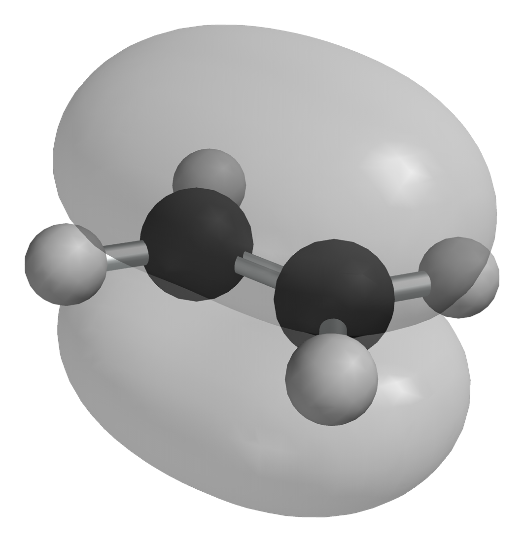 Na ilustracji jest model cząsteczki etenu. Nad cząsteczką i pod nią znajdują się owalne balony. Znajdują się głównie nad i pod wiązaniem podwójnym pomiędzy atomami węgla. 