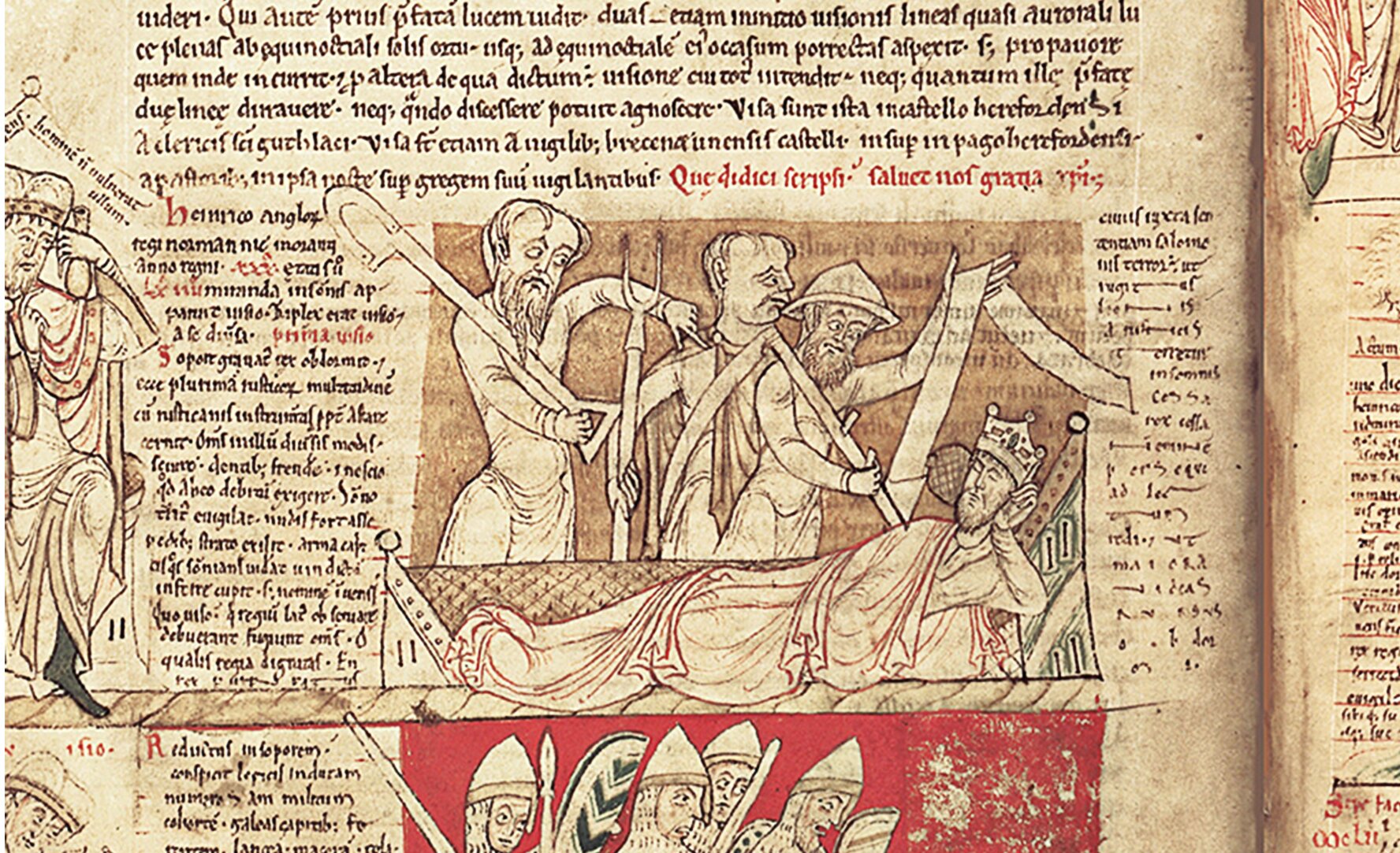 Na zdjęciu kartka z nieczytelnym tekstem. Po środku obraz leżącego króla, a nad nim trzech mężczyzn z łopatą, widłami i kosą. Poniżej rysunek głów żołnierzy z mieczami i tarczami.