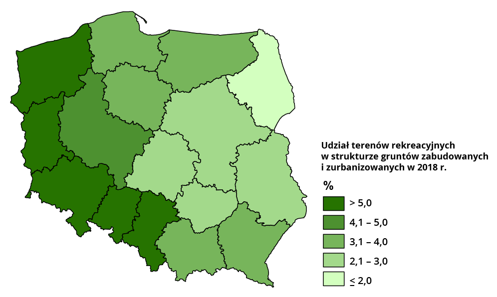 Mapa Polski przedstawia udział terenów rekreacyjnych. Ponad 5% wystąpiło w województwie zachodniopomorskim, lubuskim, dolnośląskim, opolskim i śląskim. Od 4,1 do 5% wystąpiło w województwie wielkopolskim. Od 3,1 do 4% wystąpiło w województwie pomorskim, kujawsko‑pomorskim, warmińsko‑mazurskim, małopolskim i podkarpackim. Od 2,1 do 3% wystąpiło w województwie lubelskim, mazowieckim, łódzkim i świętokrzyskim. Poniżej 2% wystąpiło w województwie podlaskim.