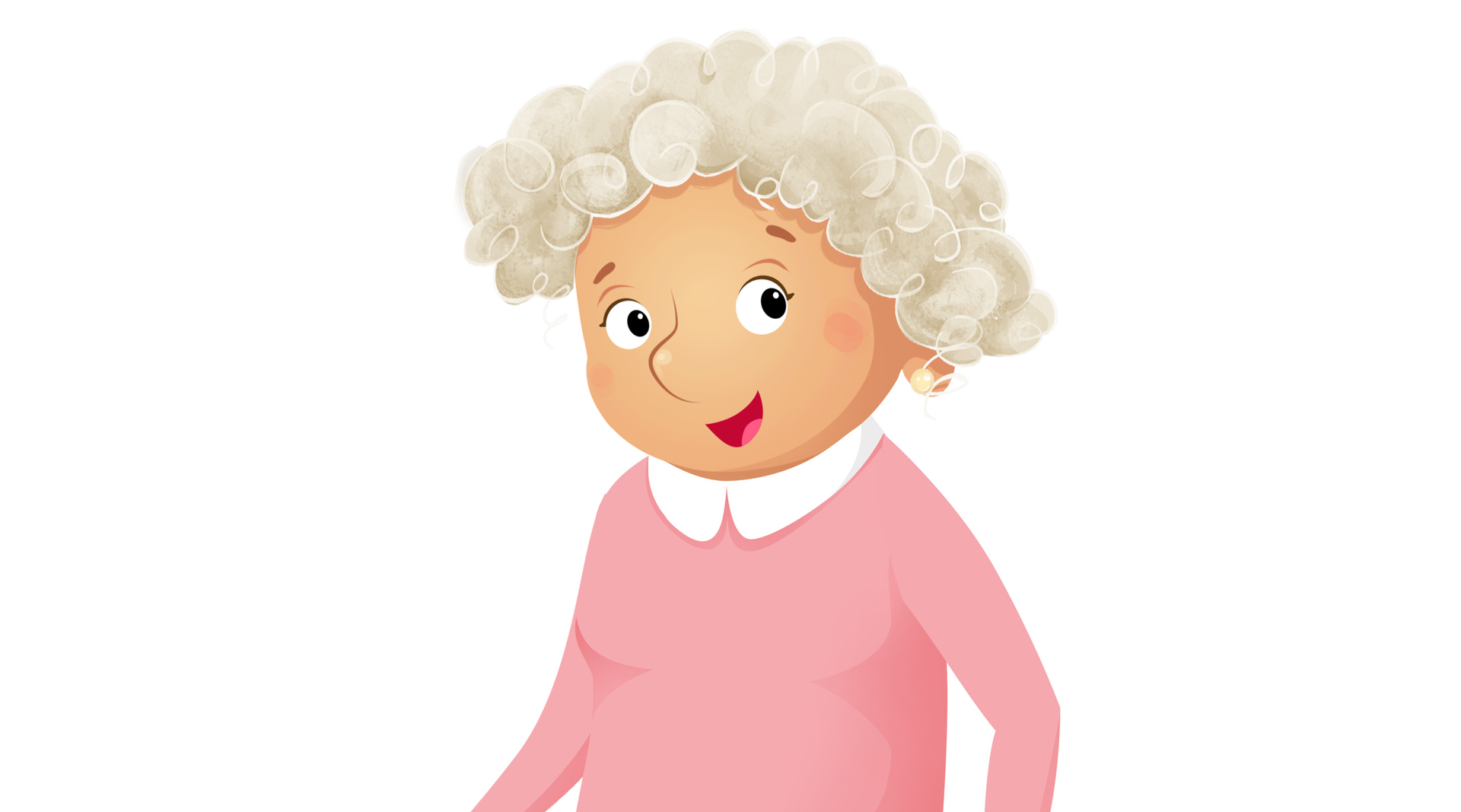 Ilustracja przedstawia uśmiechniętą babcię w różowym swetrze.