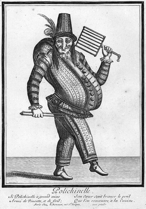 Na ilustracji gruby mężczyzna z garbem. Ma haczykowaty nos, zmarszczki na twarzy oraz wysoką czapkę.