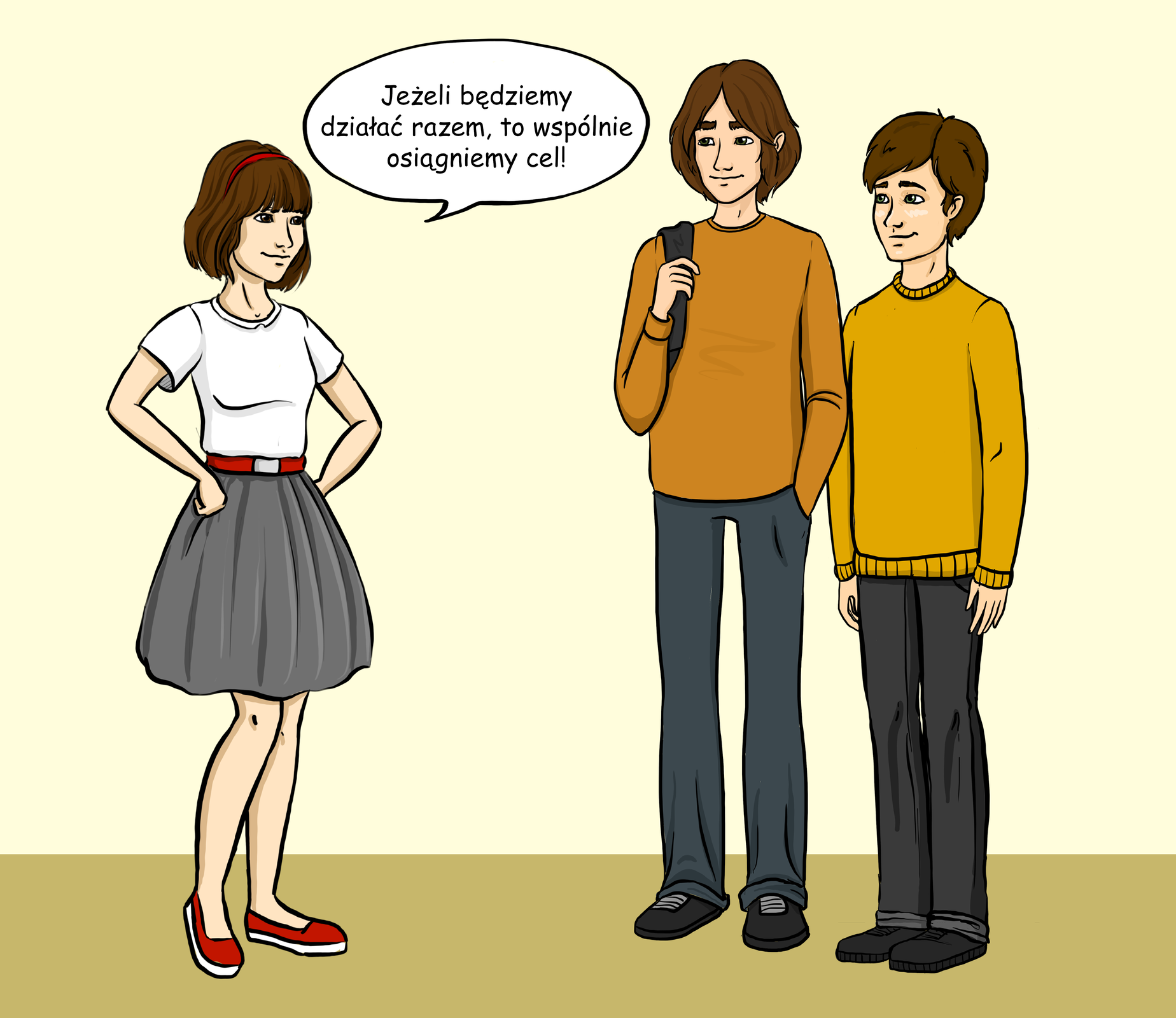 Ilustracja przedstawia dziewczynę mówiącą do dwóch chłopaków. Treść jej wypowiedzi brzmi. Jeżeli będziemy działać razem, to wspólnie osiągniemy cel