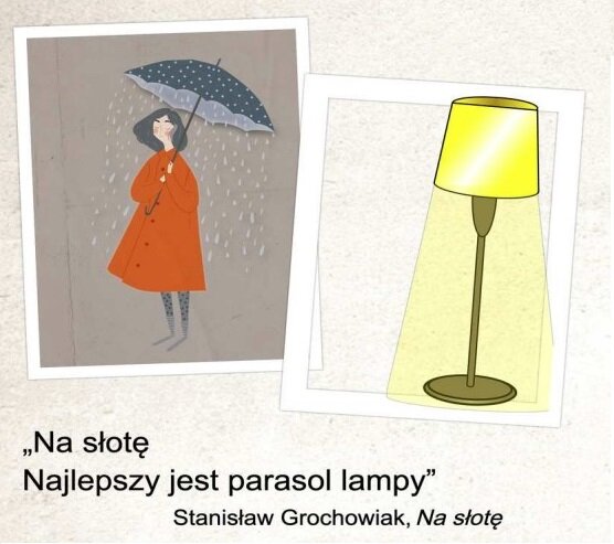 Grafika przedstawia dwa obrazki ułożone obok siebie. Na jednym znajduje się kobieta w pelerynie pod dużym parasolem, na który spadają krople deszczu. Tło jest jednolite. Na drugim znajduje się zapalona, stojąca lampa z abażurem. Światło wydobywające się spod abażura tworzy dookoła lampy jasność, która wygląda jak zwężający się ku górze walec. Na dole obrazka napis:
"Na słotę
Najlepszy jest parasol lampy"
Stanisław Grochowiak, Na słotę