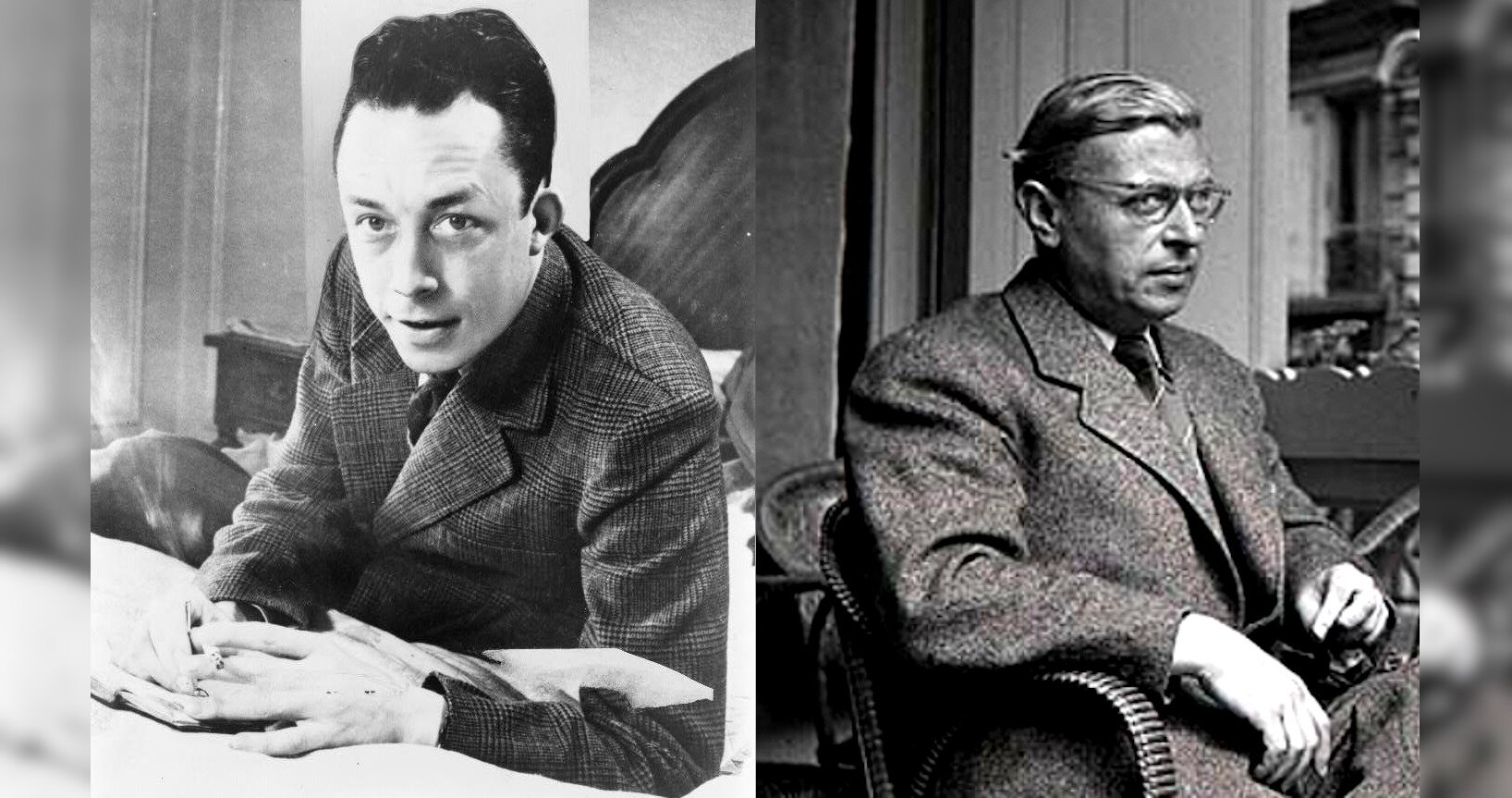 Zdjęcie przedstawia zestawienie dwóch portretów. Pierwszy od lewej to portret mężczyzny w średnim wieku. Mężczyzna ma krótkie, ciemne włosy. Jego twarz jest pociągła, a oczy wyraziste. Mężczyzna siedzi. Opiera się łokciami o stół, w splecionych rękach trzyma papierosa. Drugi portret ukazuje starszego mężczyznę. Ma krótkie, zaczesane ku górze, jasne włosy. Jego twarz jest owalna. Mężczyzna ma założone okulary. Siedzi w fotelu.