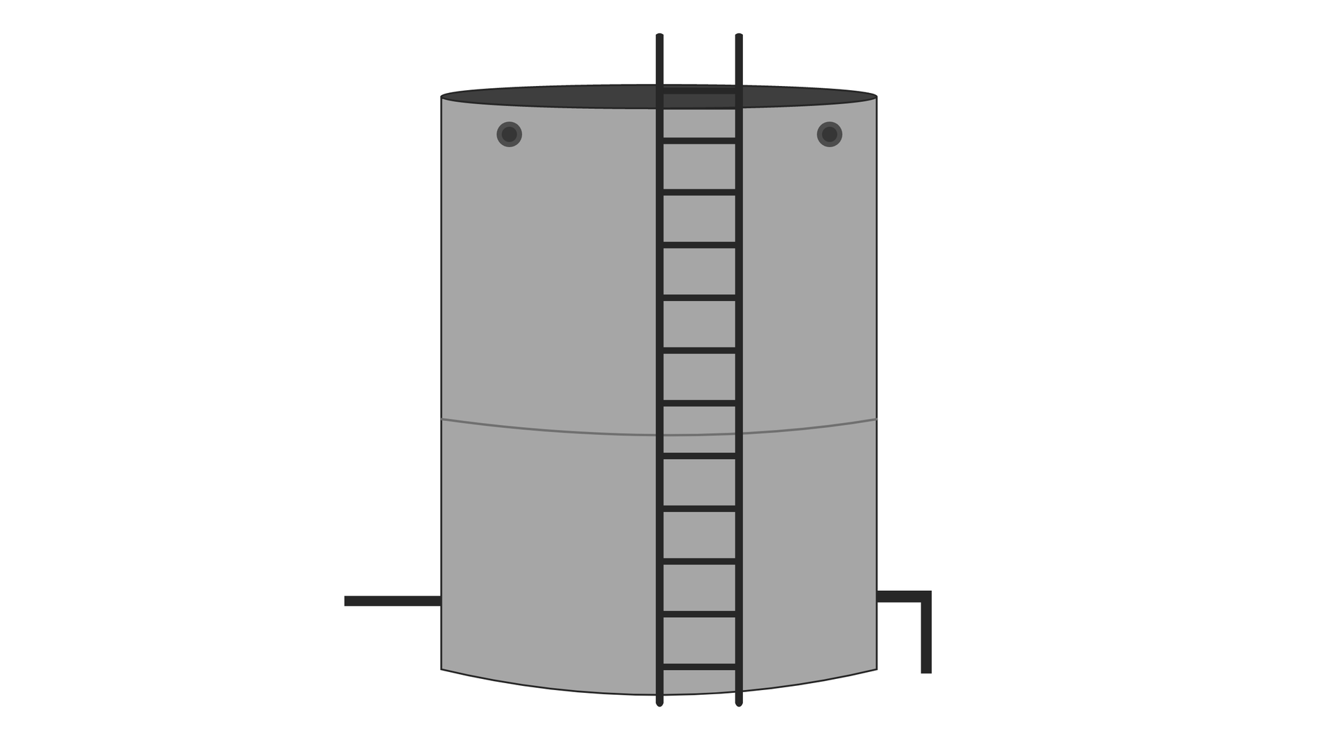 Ilustracja przedstawia pojedynczy zbiornik magazynowy o kształcie cylindrycznym z drabiną umożliwiającą inspekcję wnętrza zbiornika. Jest ona zamontowana na dłuższym odcinku niż wysokość zbiornika. Podstawą zbiornika jest koło.