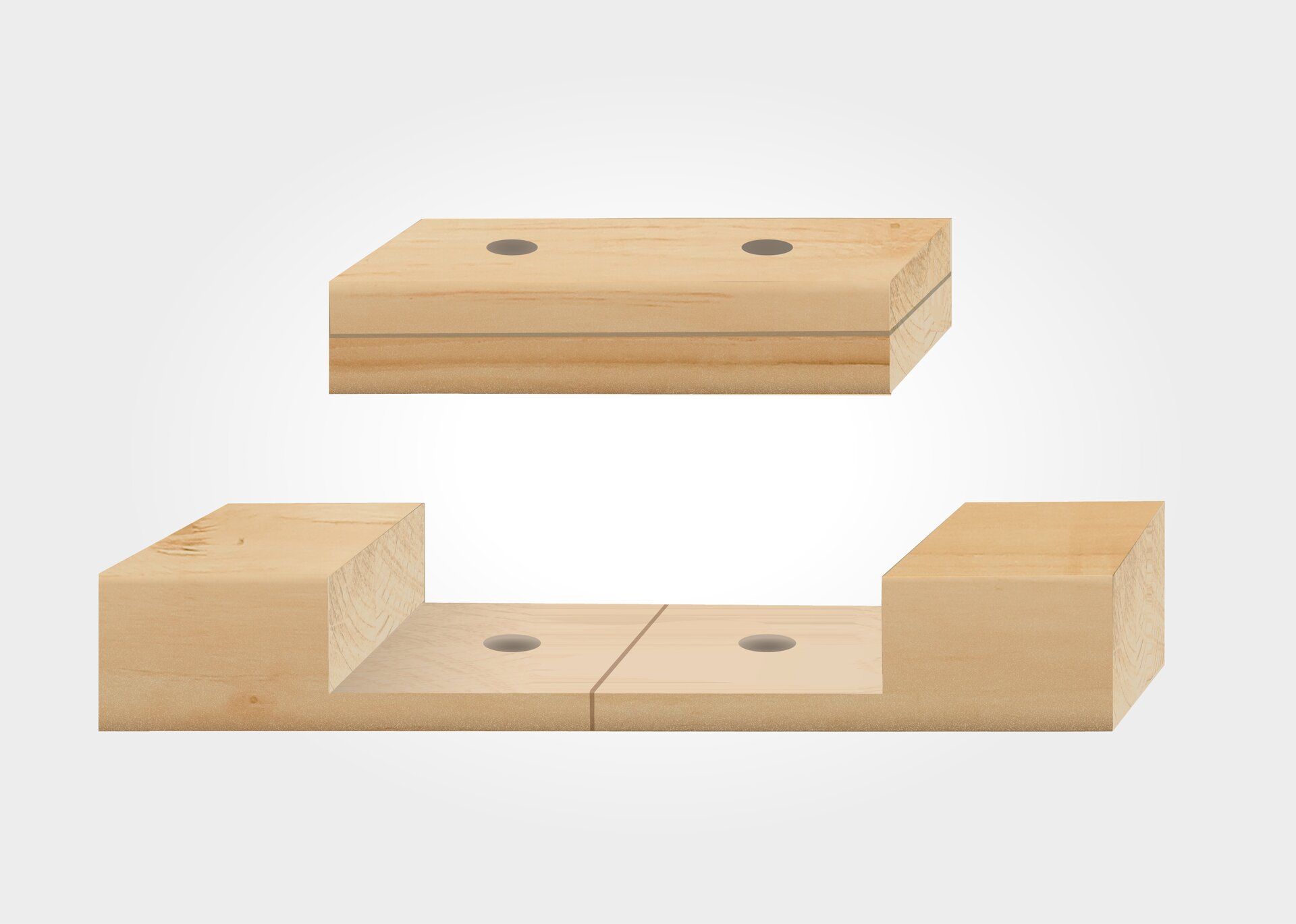 Ilustracja ukazuje złącze wrębowe na styk z nakładką prostą. Złącze składa się z trzech części: łączone elementy zostały wycięte w taki sposób, by w miejscu wycięcia umieścić nakładkę o kształcie prostopadłościanu. We wszystkich elementach znajdują się otwory umożliwiające montaż łączników, śrub.