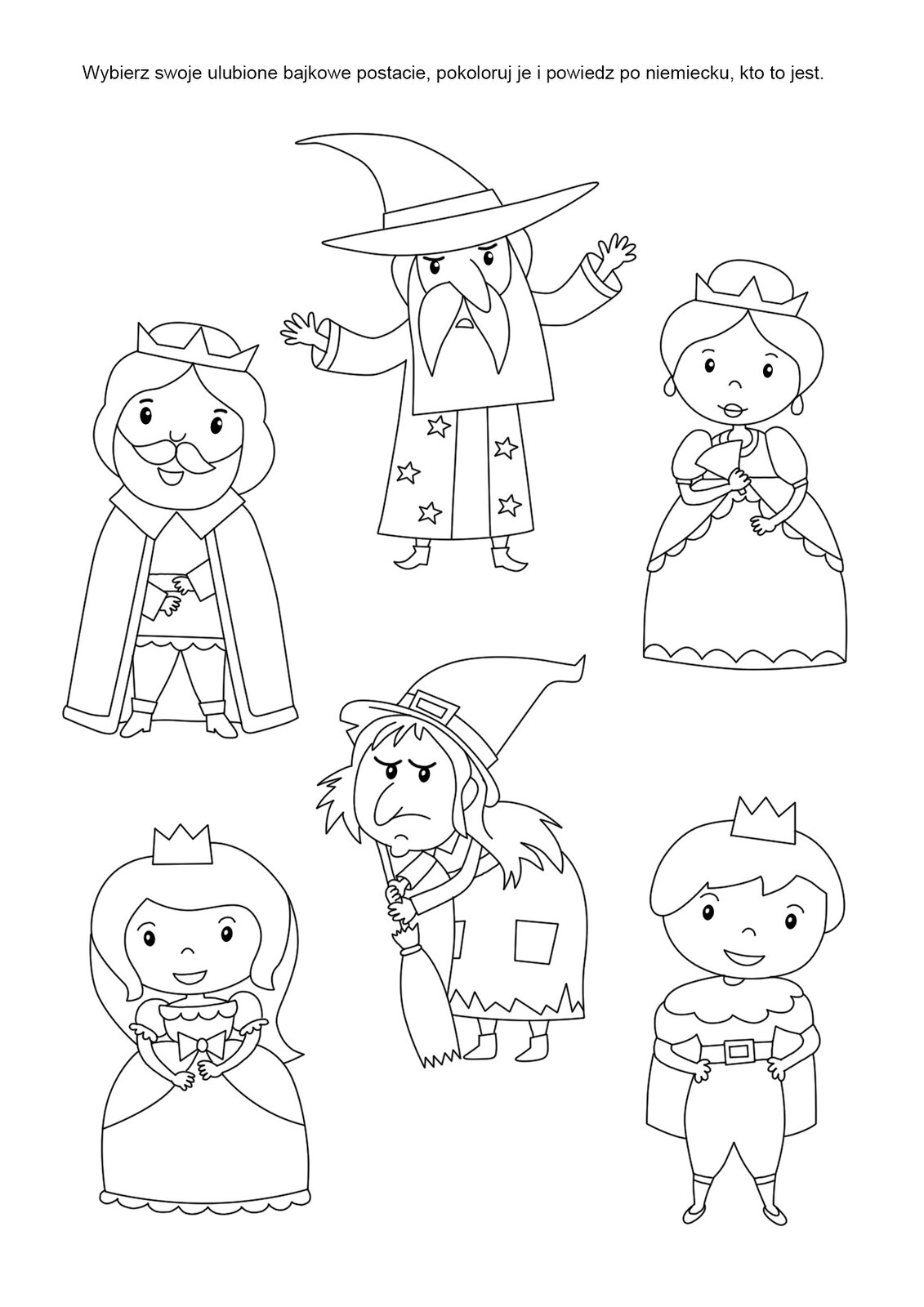 Ilustracja przedstawia kolorowankę z bajkowymi postaciami.