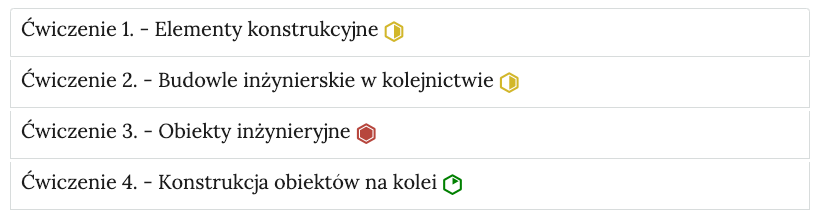 Zrzut ekranu przedstawia przykładowy wygląd zakładek z interaktywnymi materiałami sprawdzającymi. Widoczne są cztery zakładki z ćwiczeniami, na każdej zakładce jest numer ćwiczenia i jego tytuł. Po tytule widać symbol poziomu trudności danego ćwiczenia. Przykład tekstu na pasku zakładki. Ćwiczenie 1 myślnik elementy konstrukcyjne.