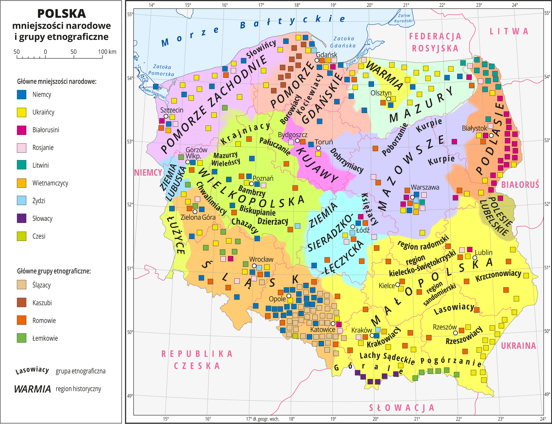 Ilustracja przedstawia mapę Polski z podziałem na województwa. Na mapie oznaczono i opisano miasta wojewódzkie. Za pomocą kolorów przedstawiono regiony historyczne, które opisano nazwami. Są to: Pomorze Zachodnie, Pomorze Gdańskie, Warmia, Mazury, Podlasie, Mazowsze, Kujawy, Wielkopolska, Ziemia Lubuska, Łużyce, Śląsk, Ziemia Sieradzko‑Łęczycka, Polesie Lubelskie, Małopolska. Za pomocą kolorowych sygnatur przedstawiono występowanie mniejszości narodowych i grup etnograficznych. Opisano nazwy grup etnograficznych. Główne mniejszości narodowe to: Niemcy, Ukraińcy, Białorusini, Rosjanie, Litwini, Wietnamczycy, Żydzi, Słowacy, Czesi. Główne grupy etniczne to: Ślązacy, Kaszubi, Romowie, Łemkowie. Dookoła mapy, w białej ramce, opisano współrzędne geograficzne co jeden stopień. W legendzie mapy objaśniono kolory użyte na mapie.