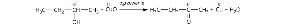 Ilustracja przedstawiająca równanie reakcji utleniania butan-dwa-olu za pomocą tlenku miedzi(dwa). Cząsteczka butan-dwa-ol zbudowanego z grupy metylowej C H indeks dolny, trzy, koniec indeksu dolnego związanej z grupą metylenową  C H indeks dolny, dwa, koniec indeksu dolnego, która wiąże się z grupą C H zawierającą atom węgla na zerowym stopniu utlenienia, który to łączy się z grupą hydroksylową O H oraz grupą metylową C H indeks dolny, trzy, koniec indeksu dolnego. Dodać cząsteczkę tlenku miedzi(dwa) C u O z atomem miedzi na drugim stopniu utlenienia. Strzałka w prawo, nad strzałką zapis "ogrzewanie", za strzałką cząsteczka ketonu składającego się atomu węgla na drugim stopniu utlenienia połączonego za pomocą wiązań pojedynczych z dwoma podstawnikami metylowym C H indeks dolny, trzy, koniec indeksu dolnego oraz etylowym C H indeks dolny, dwa, koniec indeksu dolnego, C H indeks dolny, trzy, koniec indeksu dolnego, a także za pomocą wiązania podwójnego z atomem tlenu. Dodać atom miedzi C u na zerowym stopniu utlenienia. Dodać cząsteczkę wody H indeks dolny, dwa, koniec indeksu dolnego, O.