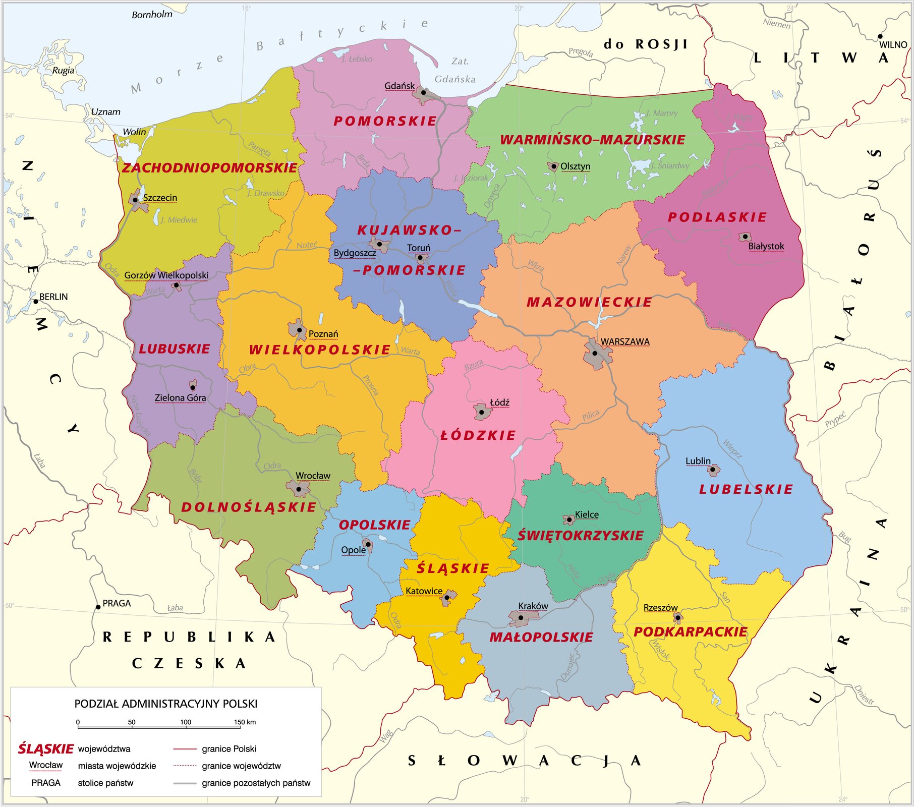 Na ilustracji znajduje się mapa administracyjna Polski z podziałem na 16 województw: zachodniopomorskie, pomorskie, warmińsko‑mazurskie, podlaskie, lubuskie, wielkopolskie, kujawsko‑pomorskie, mazowieckie, dolnośląskie, śląskie, opolskie, łódzkie, świętokrzyskie, lubelskie małopolskie i podkarpackie.