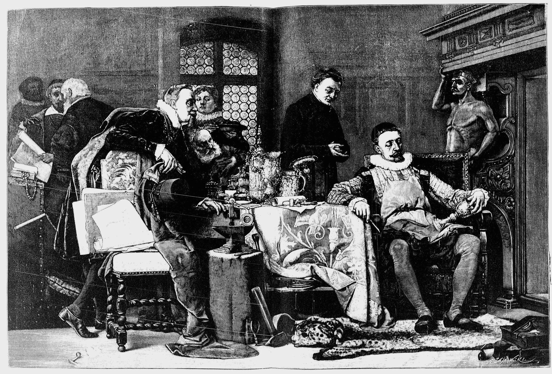 Obraz przedstawia pracownię złotniczą na zamku wawelskim, w której zgromadzili się dyplomaci, duchowni i król Zygmunt III Waza. Ubrany w fartuch roboczy monarcha siedzi na pierwszym planie z prawej strony ilustracji przed kominkiem i podziwia wykonany przez siebie kielich. Inne wykonane przez niego wyroby złotnicze znajdują się na stole, przed którym są narzędzia kowalskie i krzesło z projektami przyszłych prac. Cesarski ambasador, znajdujący się na pierwszym planie, z zaciekawieniem spogląda na króla, pochylając się nad stołem, przy którym siedzi przyjaciel króla Mikołaj Wolski. Za królem, na drugim planie, stoi w pozie oczekiwania i służby jezuita Piotr Skarga. W tyle, po lewej stronie, widoczna grupa dworzan oraz dyplomatów z sekretarzem królewskim biskupem Piotrem Tylickim na czele.