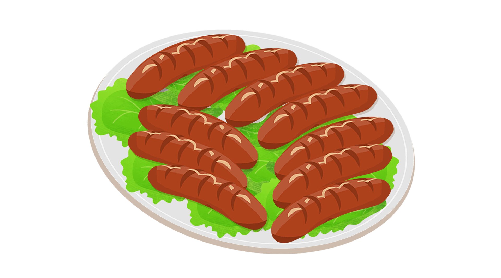 Na ilustracji ukazano pieczone kiełbaski na talerzu.