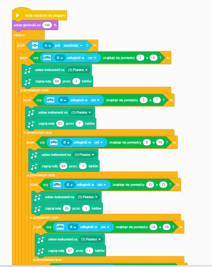 Kolorowy zrzut ekranu z aplikacji LEGO SPIKE LEGACY przedstawiający kolejne kroki programowania urządzenia, aplikacja pokazuje je w formie dużych różnokolorowych kafelków nałożonych jeden na drugi, tworząc kaskadę poleceń.