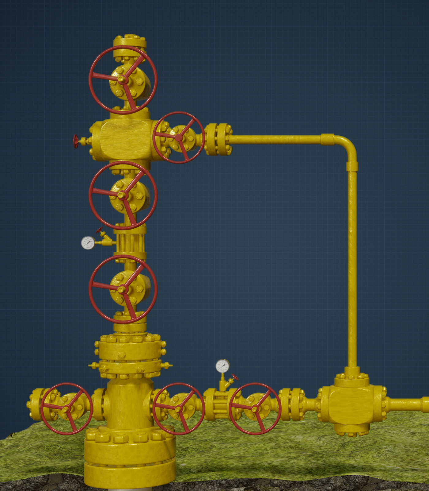 Na zdjęciu widać model głowicy odwiertu samoczynnego. Głowica eksploatacyjna jest to urządzenie montowane na powierzchni terenu przy wylocie odwiertu, w celu jego zamknięcia. Przedstawione urządzenie jest wykonane ze stali w kolorze żółtym. Z lewej strony ekranu widać stalową konstrukcję w kształcie walca której pionowe elementy są porozdzielane przez trzy czerwone zasuwy suwakowe. Zasuwy suwakowe to rodzaj zasuwy, który otwiera się poprzez podniesienie bariery na skutek obrotu kurka co powoduje przepływ. Nad kołnierzem pomiędzy dwoma zasuwamy znajduje się okrągłe urządzenie ze wskazówka najpewniej manometr które zamontowane jest przy zaworze zakończonym małym czerwonym kurkiem. Jest to zawór zaporowy. Pomiędzy górną, a środkową zasuwą do żółtego kołnierza przyłączona jest zasuwa suwakowa poprzedzona kołnierzem. Od niego odchodzi rura łącząca się z kołnierzem do którego przyłączony jest na dole układ żółtych stalowych śrub i zasuw łączących się z korpusem głowicy. Na dole rysunku znajduje się trzy czerwone zasuwy suwakowe.
