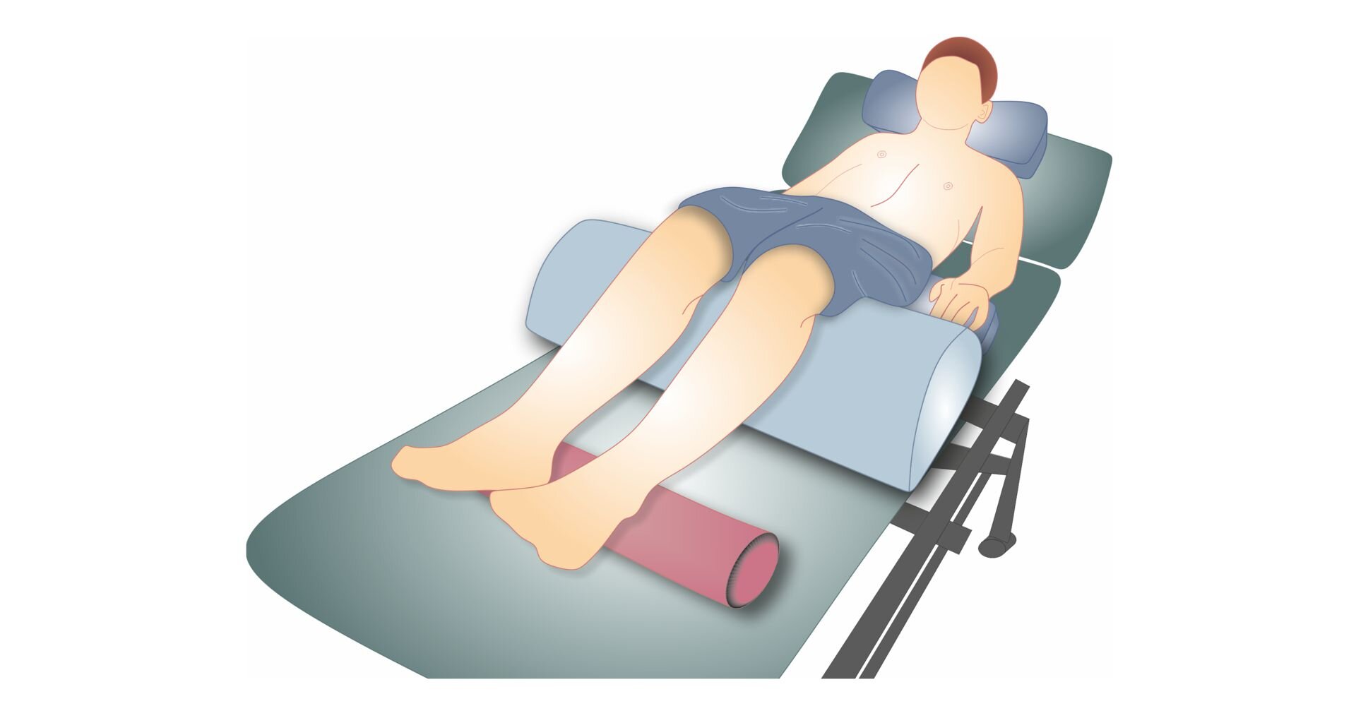 Grafika pod tytułem pozycja leżenia tyłem. Grafika przedstawia człowieka leżącego na plecach na stole do masażu. Pod kostkami pacjenta znajduje się wałek, pod jego udami duża, podłużna poduszka, a pod jego pośladkami i szyją małe poduszki.