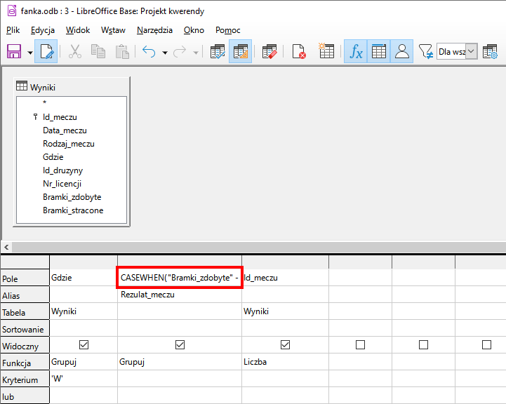 Zrzut ekranu przedstawia przedstawia edycję bazy fanka.odb  W pole czerwonym prostokątem zaznaczono: CASEWHEN("Bramki_zdobyte" - "Bramki_stracone").