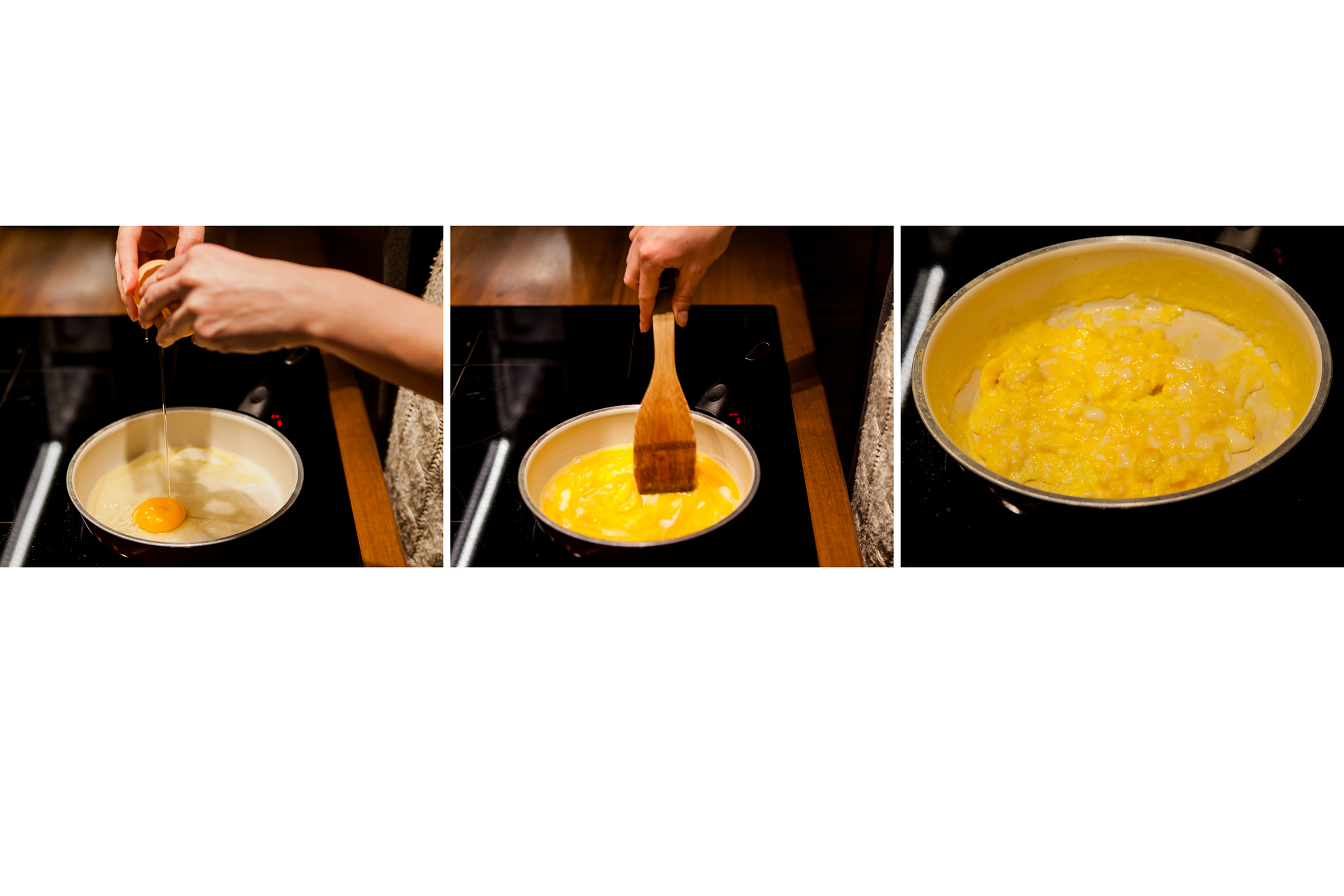 Ilustracja przedstawia trzy fotografie pokazujące proces robienia jajecznicy: rozbijanie jajek, mieszanie jajek na patelni drewnianą łyżką oraz efekt końcowy - jajecznicę.