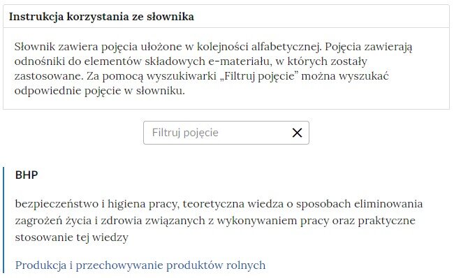 Przykładowa ilustracja ilustrująca fragment słownika z częścią umożliwiającą filtrację pojęć. Na samej górze umieszczona jest instrukcja korzystania ze słownika. Zawarta jest w niej następująca informacja: „Słownik zawiera pojęcia ułożone w kolejności alfabetycznej. Pojęcia zawierają odnośniki do elementów składowych e‑materiału, w których zostały zastosowane. Za pomocą wyszukiwarki „Filtruj pojęcie” można wyszukać odpowiednie pojęcie w słowniku”. Pod instrukcją korzystania ze słownika umieszczone zostało pole w kształcie prostokąta. Wewnątrz znajduje się napis: filtruj pojęcie oraz umieszczony z boku przycisk w kształcie krzyżyka. Na samym dole znajduje się pierwsze pojęcie ze słownika. Dotyczy ono BHP.