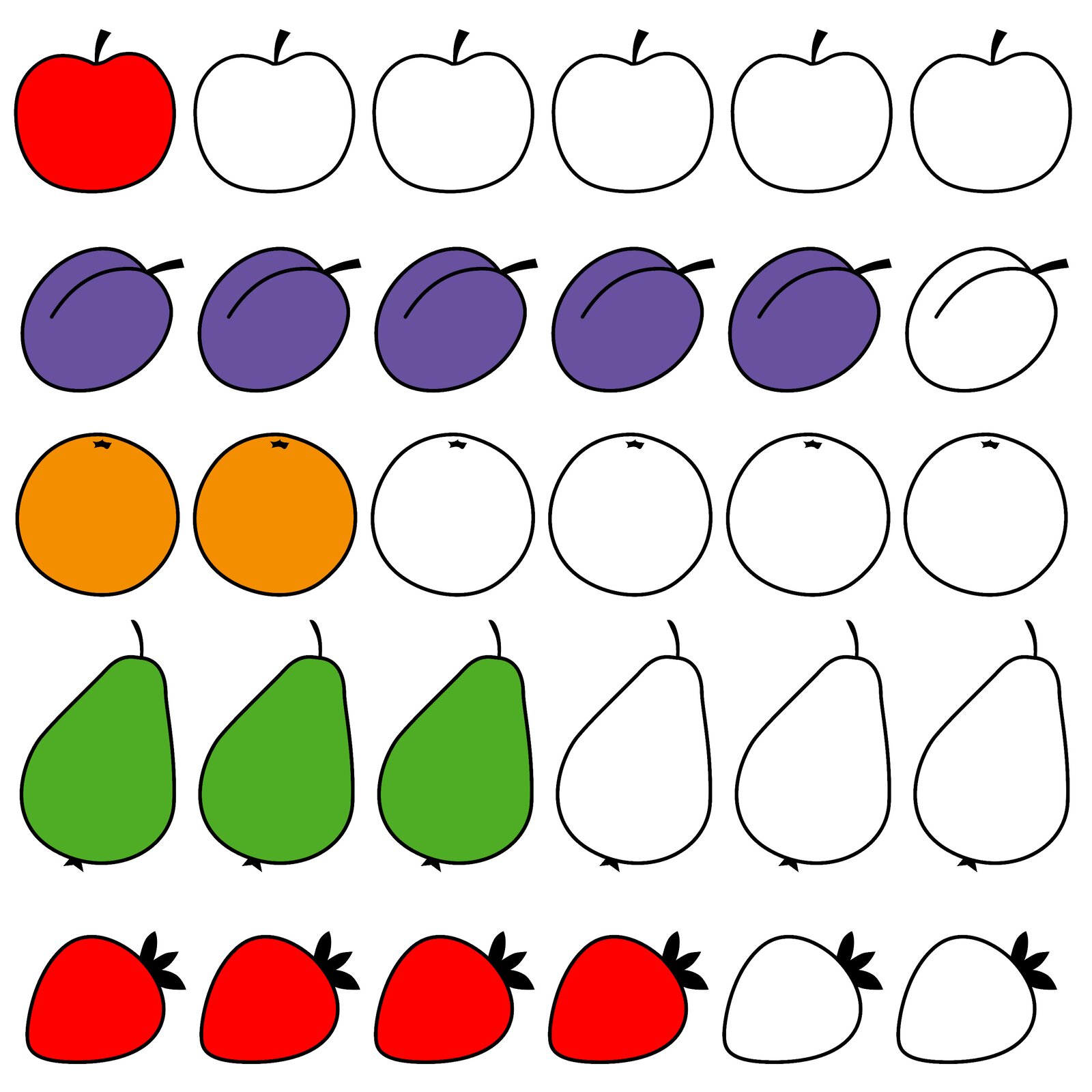 Ilustracja przedstawia jedno pomalowane jabłko, pięć śliwek, dwie pomarańcze, trzy gruszki i cztery truskawki 