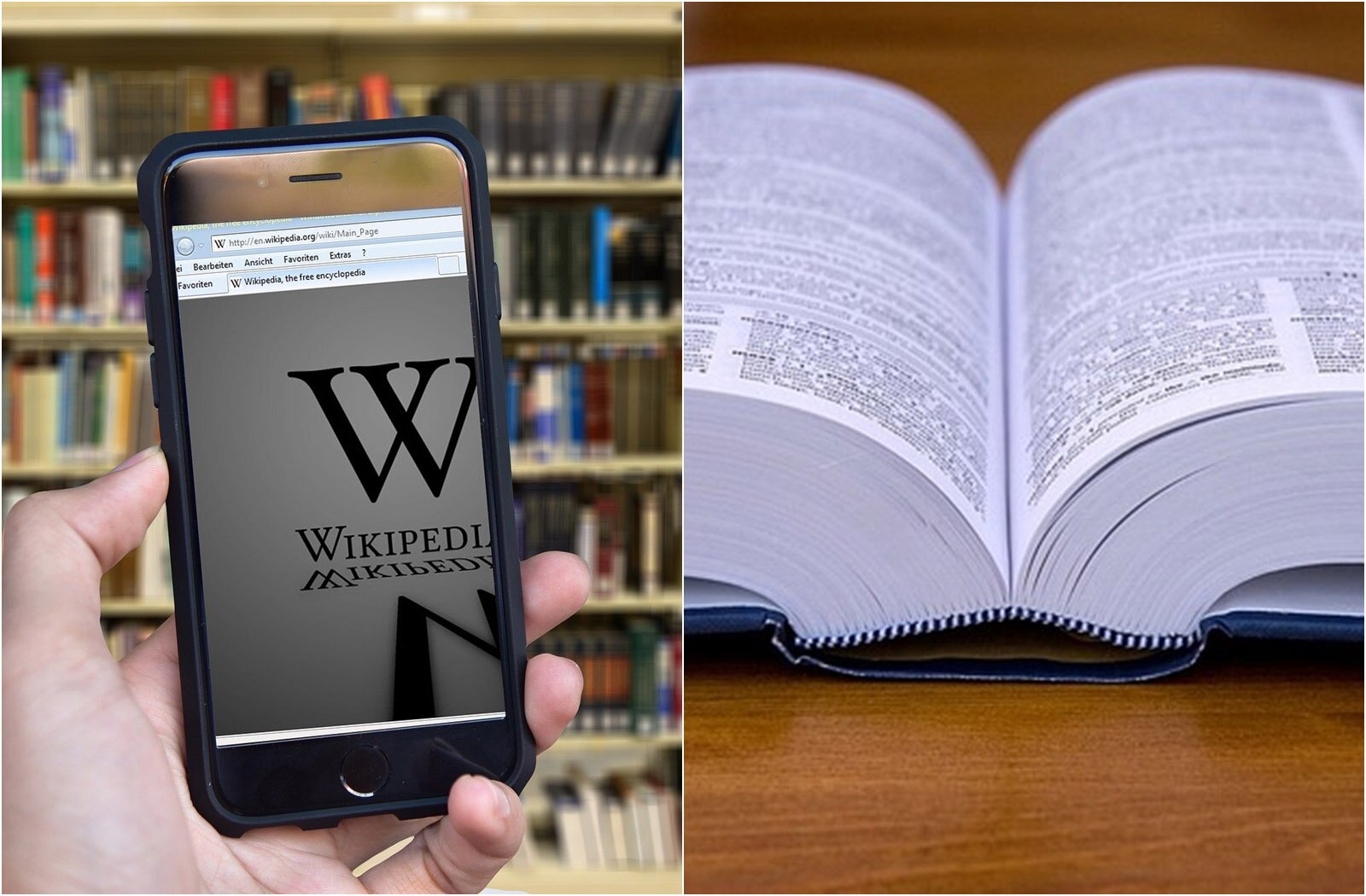 Grafika zawiera dwa zdjęcia. Na zdjęciu po lewej widoczna jest dłoń trzymająca telefon komórkowy, na ekranie którego widoczna jest otwarta strona Wikipedii. W tle widoczne są regały z książkami. Na zdjęciu po prawej widoczny jest fragment otwartej dużej książki w niebieskiej oprawie. 