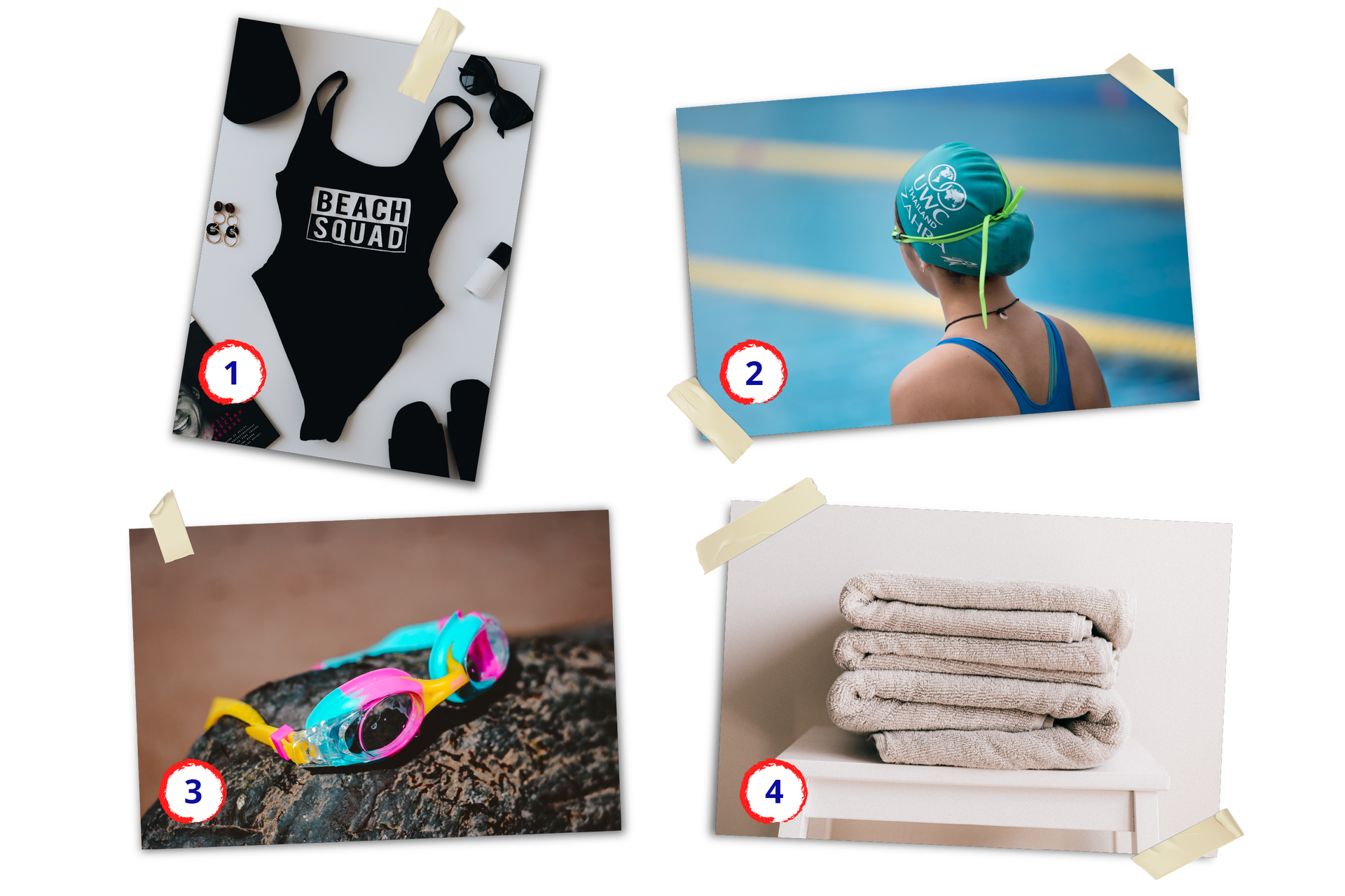 Ilustracja przedstawia kolaż z czterech zdjęć. Na pierwszym zdjęciu widać czarny strój kąpielowy. Kolejne zdjęcie przedstawia kobietę odwróconą tyłem, na głowie ma czepek pływacki. Na trzecim zdjęciu widać okulary pływackie położone na kamieniu. Ostatnie zdjęcie przedstawia ułożone ręczniki na taborecie.