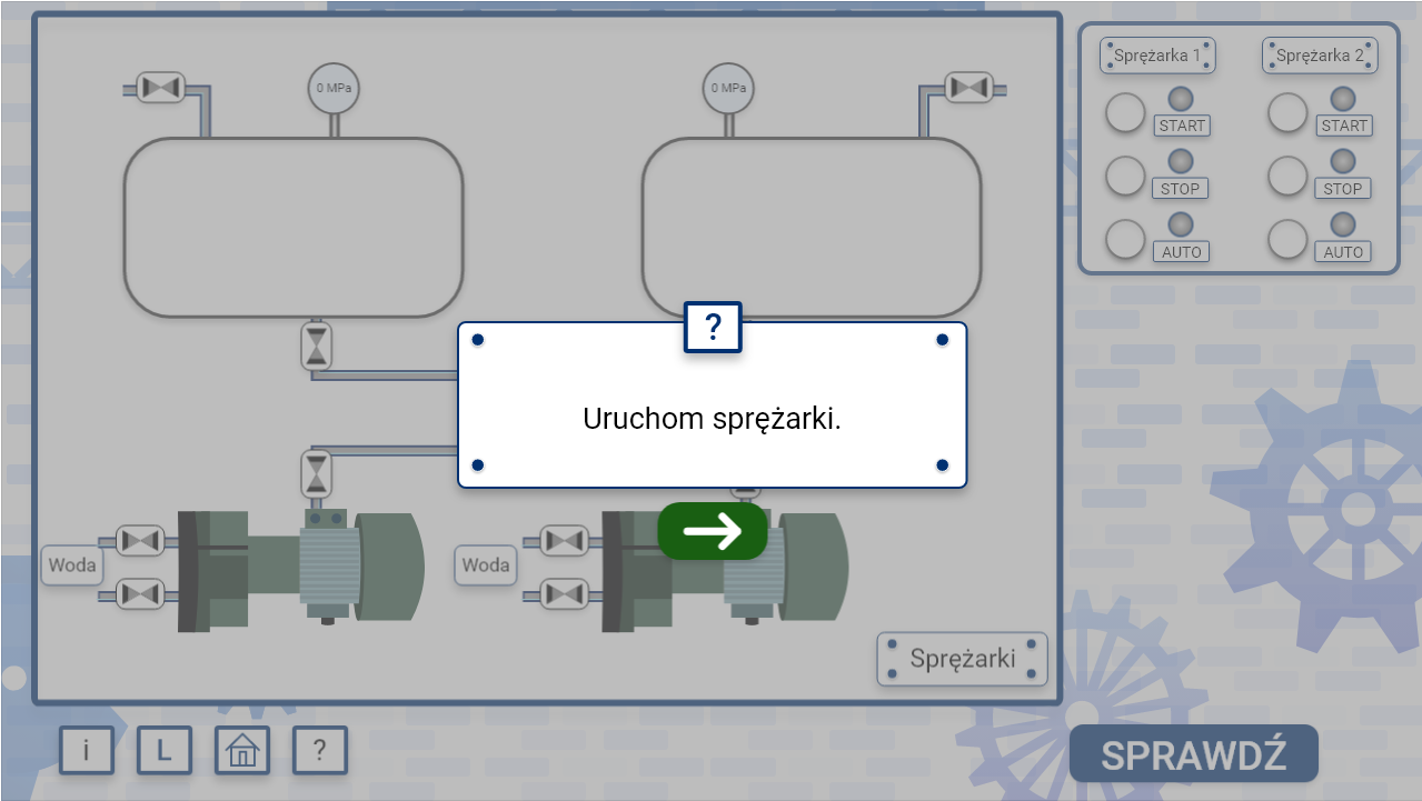 Grafika przedstawia widok na przykładowe polecenie wyświetlające się po uruchomieniu symulatora. Polecenie znajduje się w prostokątnym oknie. Poniżej widać strzałkę. W tle widać wygaszony symulator.